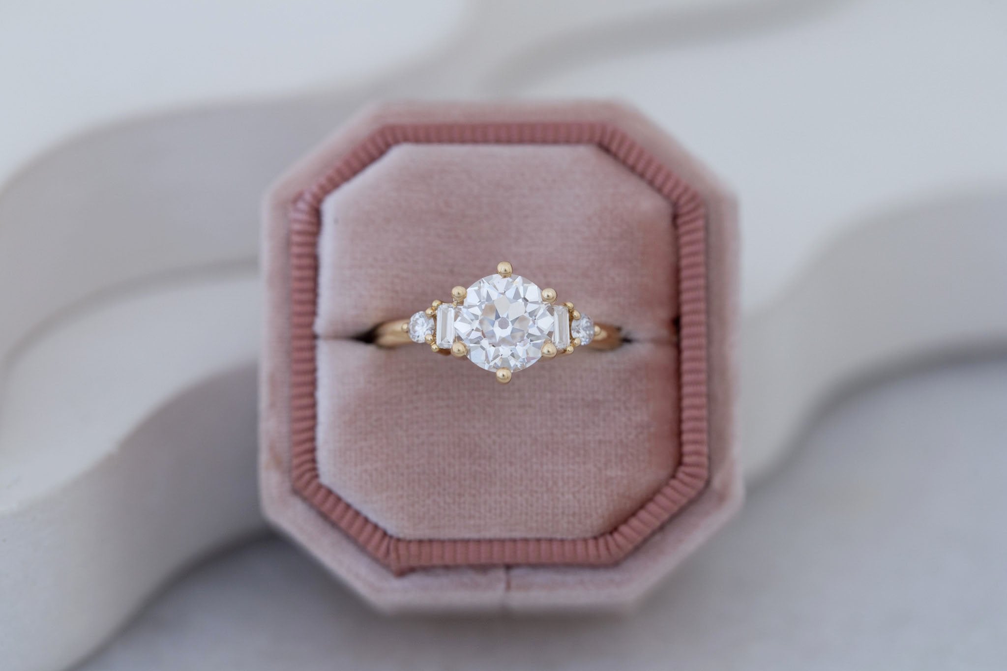Alsea Ring | Lab Antique Round Cut Diamond + Baguette and Round Lab Diamond Accents Engagement Ring 2.08 ct | 14k Recycled Gold | One of a Kind