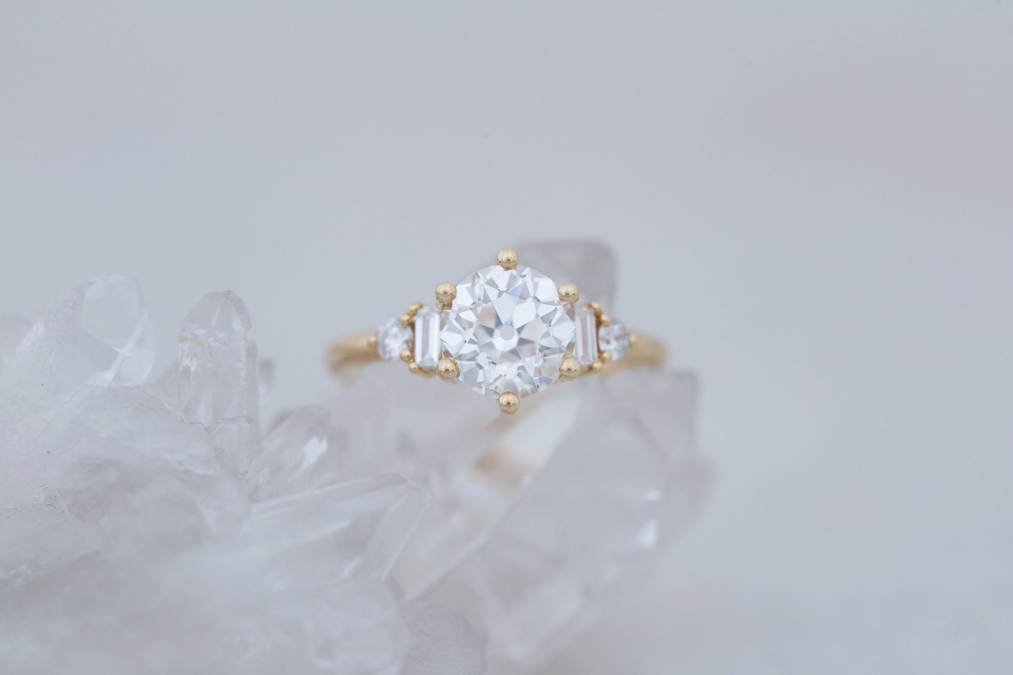 Alsea Ring | Lab Antique Round Cut Diamond + Baguette and Round Lab Diamond Accents Engagement Ring 2.08 ct | 14k Recycled Gold | One of a Kind