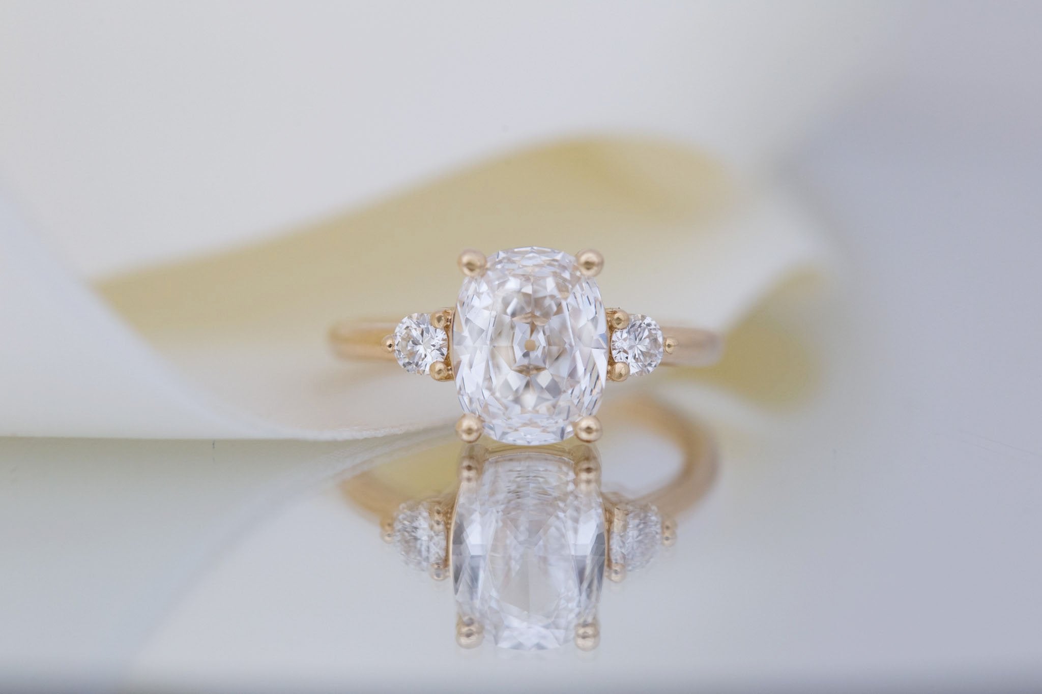 Maeve Ring | Lab Antique Cushion Cut Diamond + Round Lab Diamond Accent Engagement Ring 2.11 ct | 14k Recycled Gold | One of a Kind