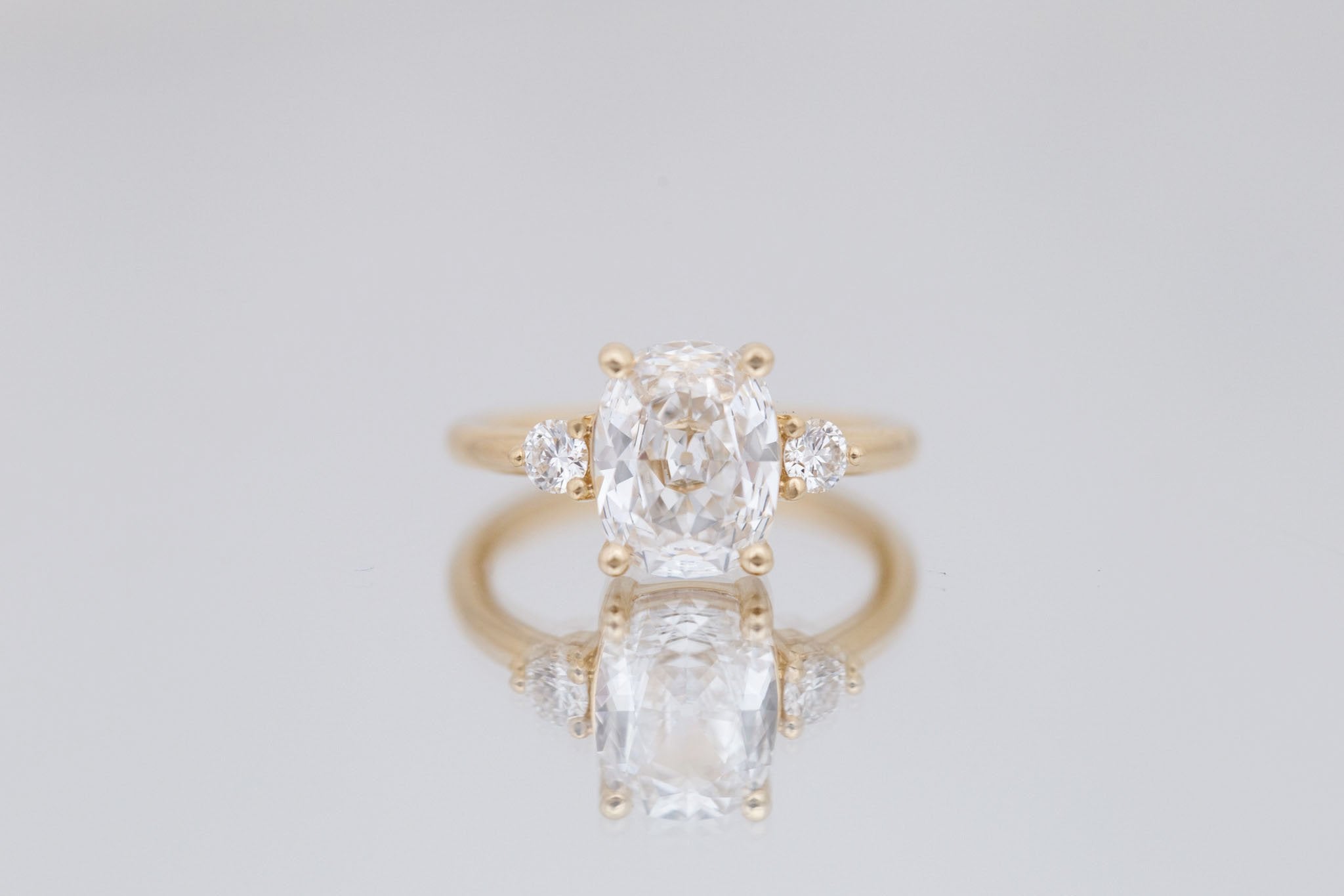 Maeve Ring | Lab Antique Cushion Cut Diamond + Round Lab Diamond Accent Engagement Ring 2.11 ct | 14k Recycled Gold | One of a Kind