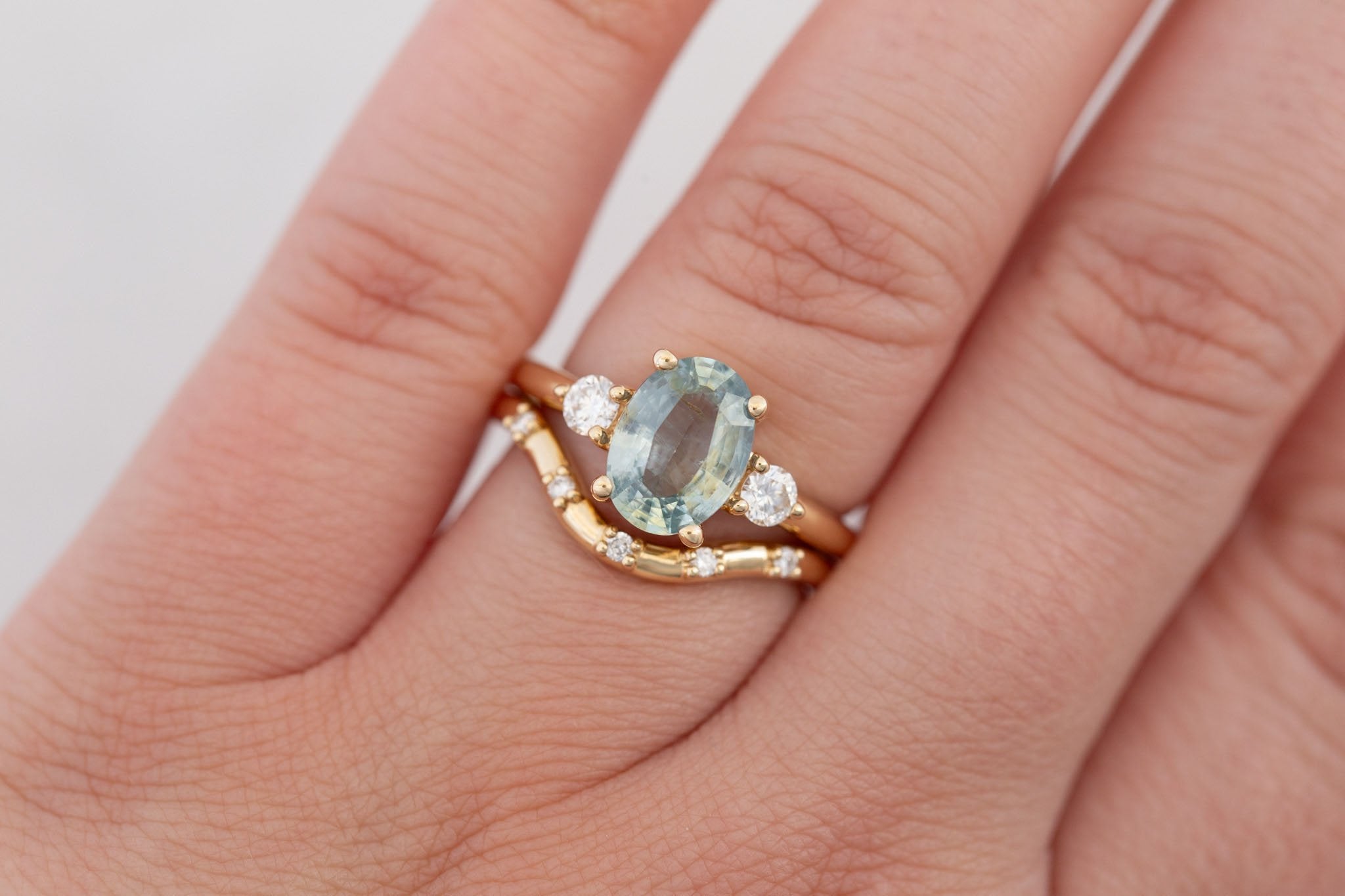 Maeve Ring | Mint Green Oval Sapphire + Round Diamond Accent Engagement Ring 2.21 ct | 14k Recycled Gold | One of a Kind