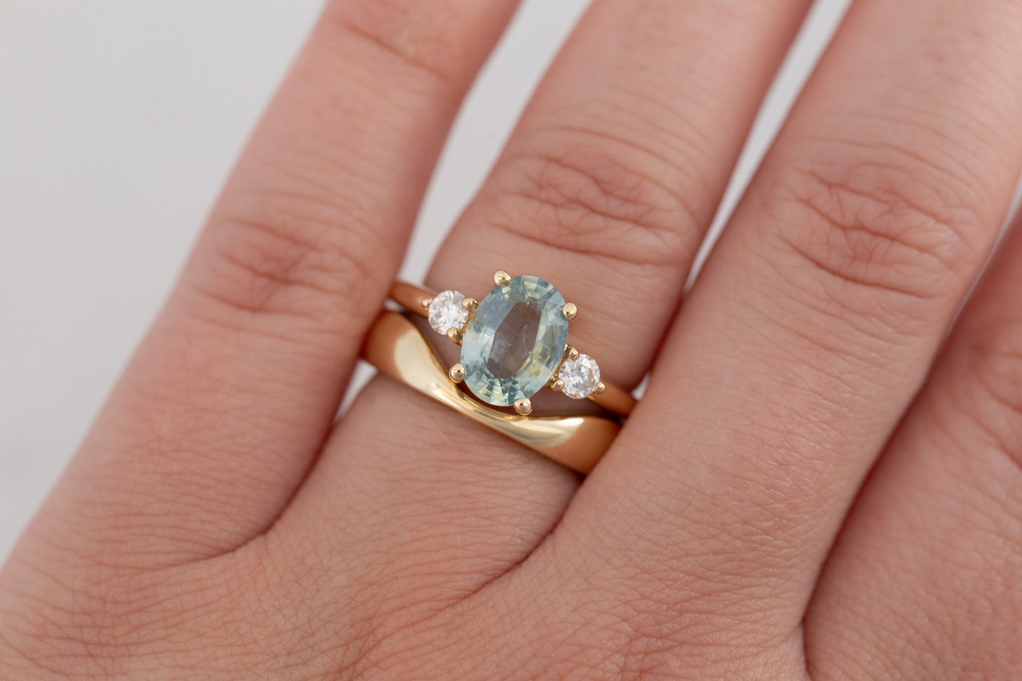 Maeve Ring | Mint Green Oval Sapphire + Round Diamond Accent Engagement Ring 2.21 ct | 14k Recycled Gold | One of a Kind