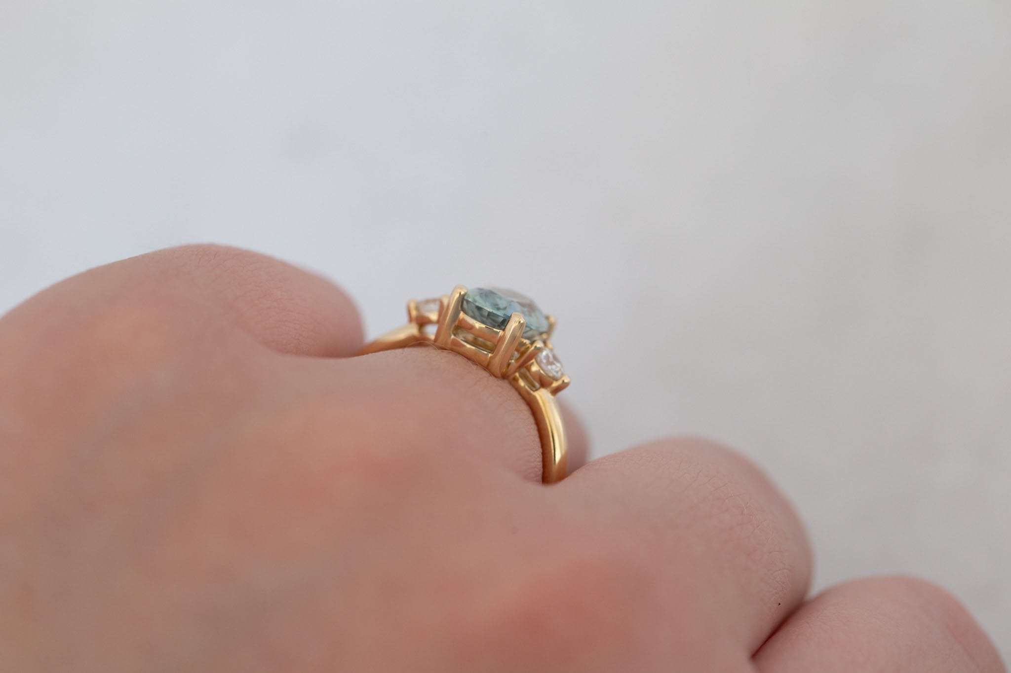 Maeve Ring | Mint Green Oval Sapphire + Round Diamond Accent Engagement Ring 2.21 ct | 14k Recycled Gold | One of a Kind