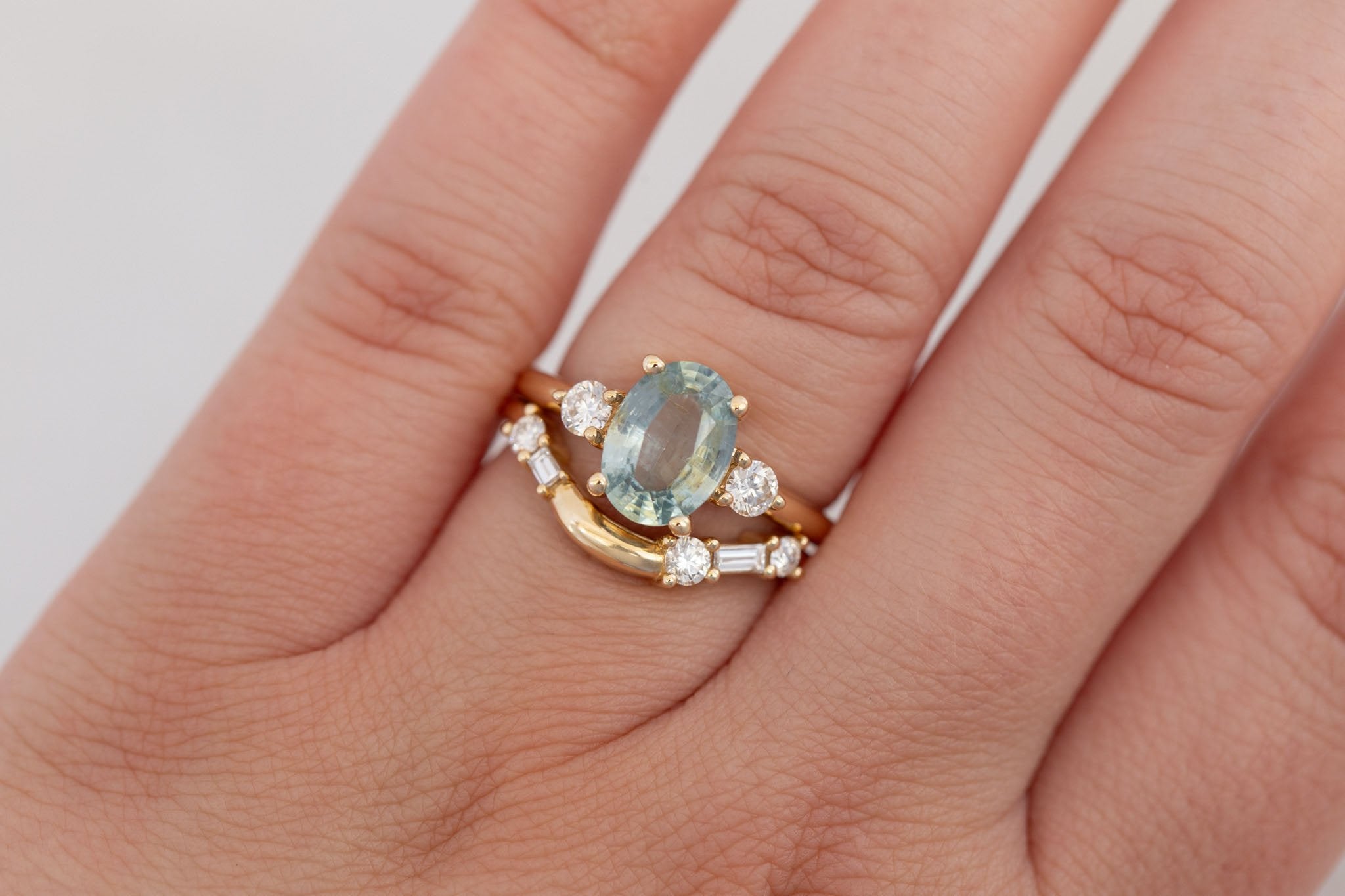 Maeve Ring | Mint Green Oval Sapphire + Round Diamond Accent Engagement Ring 2.21 ct | 14k Recycled Gold | One of a Kind