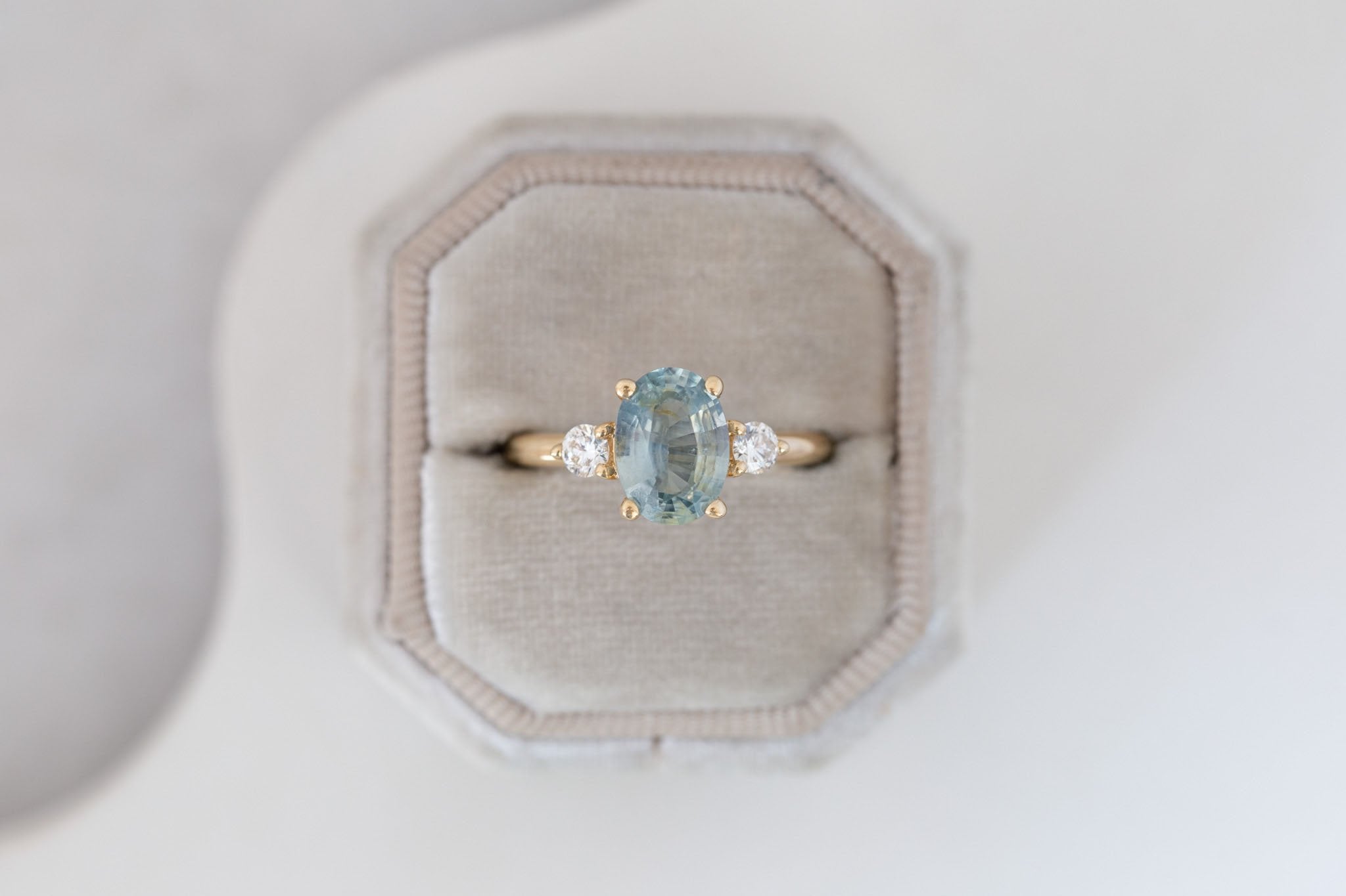 Maeve Ring | Mint Green Oval Sapphire + Round Diamond Accent Engagement Ring 2.21 ct | 14k Recycled Gold | One of a Kind