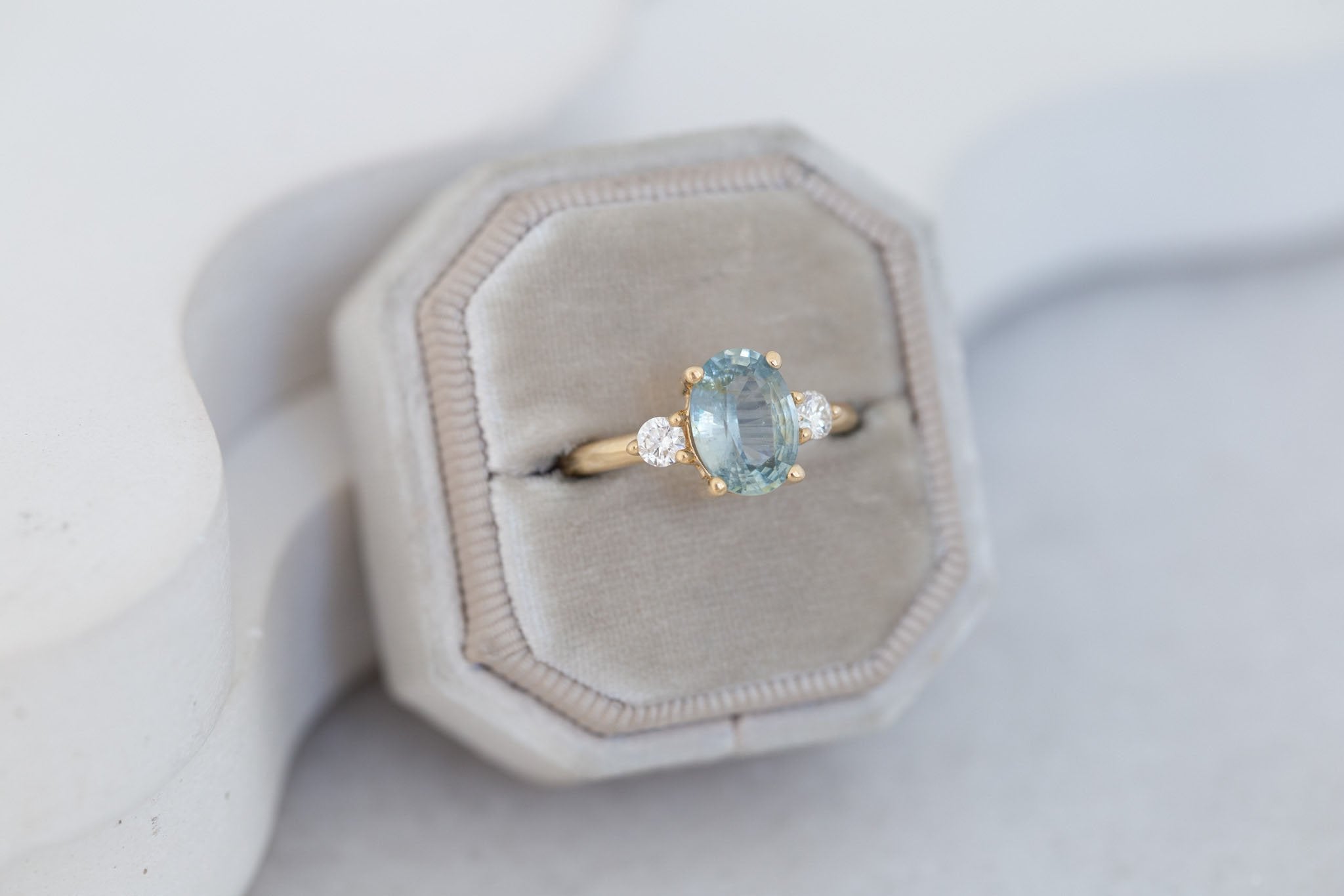 Maeve Ring | Mint Green Oval Sapphire + Round Diamond Accent Engagement Ring 2.21 ct | 14k Recycled Gold | One of a Kind