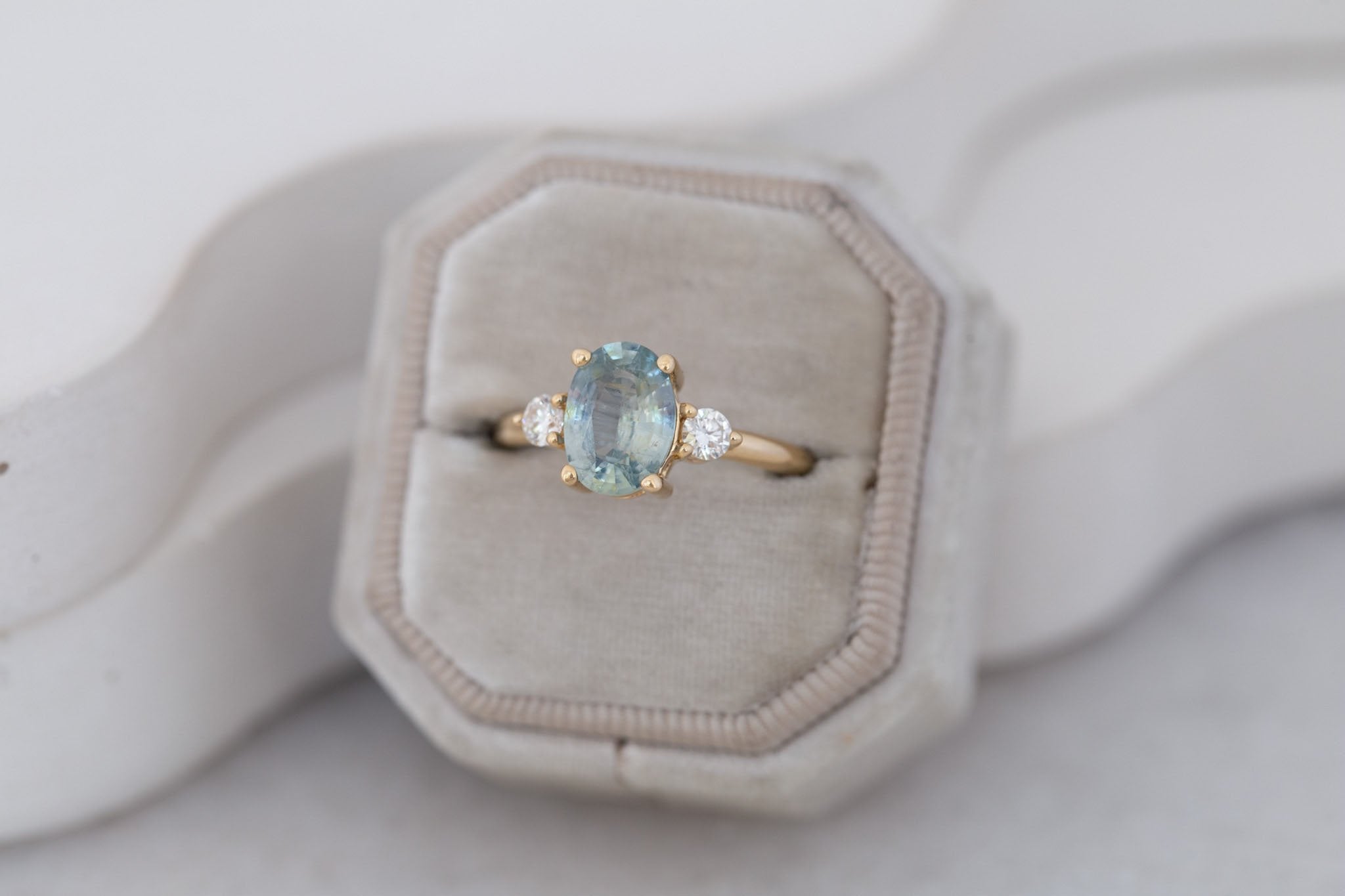 Maeve Ring | Mint Green Oval Sapphire + Round Diamond Accent Engagement Ring 2.21 ct | 14k Recycled Gold | One of a Kind