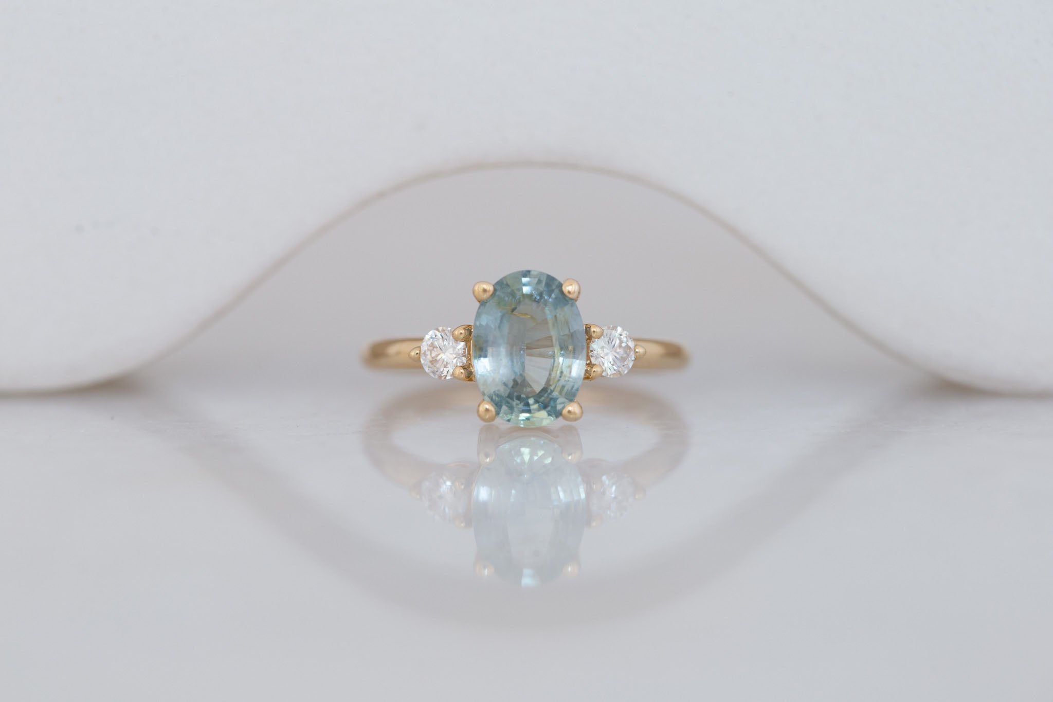 Maeve Ring | Mint Green Oval Sapphire + Round Diamond Accent Engagement Ring 2.21 ct | 14k Recycled Gold | One of a Kind