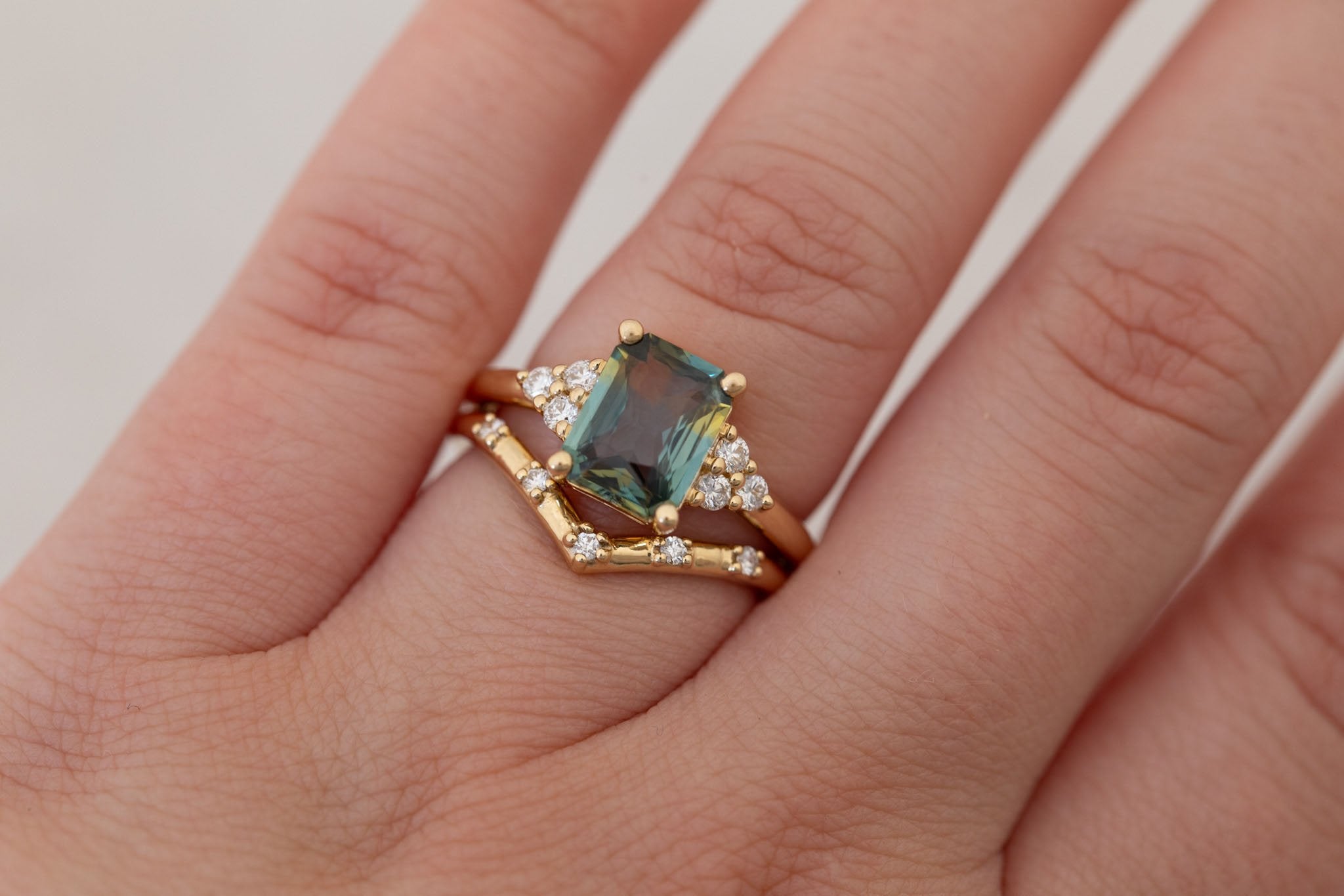 Verona Ring | Green Bicolor Radiant Cut Sapphire + Round Diamond Accents Engagement Ring 2.41 ct | 14k Recycled Gold | One of a Kind