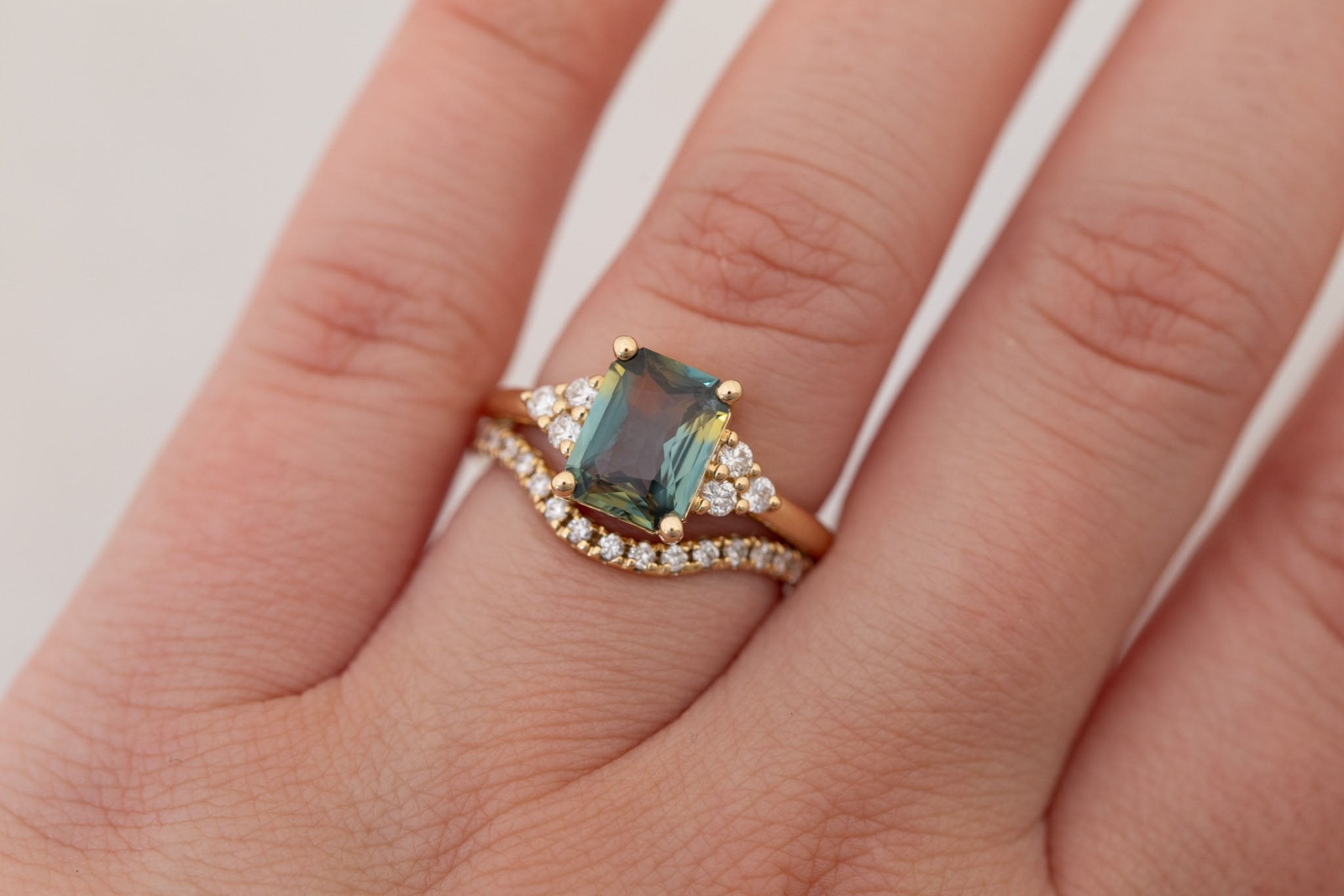 Verona Ring | Green Bicolor Radiant Cut Sapphire + Round Diamond Accents Engagement Ring 2.41 ct | 14k Recycled Gold | One of a Kind