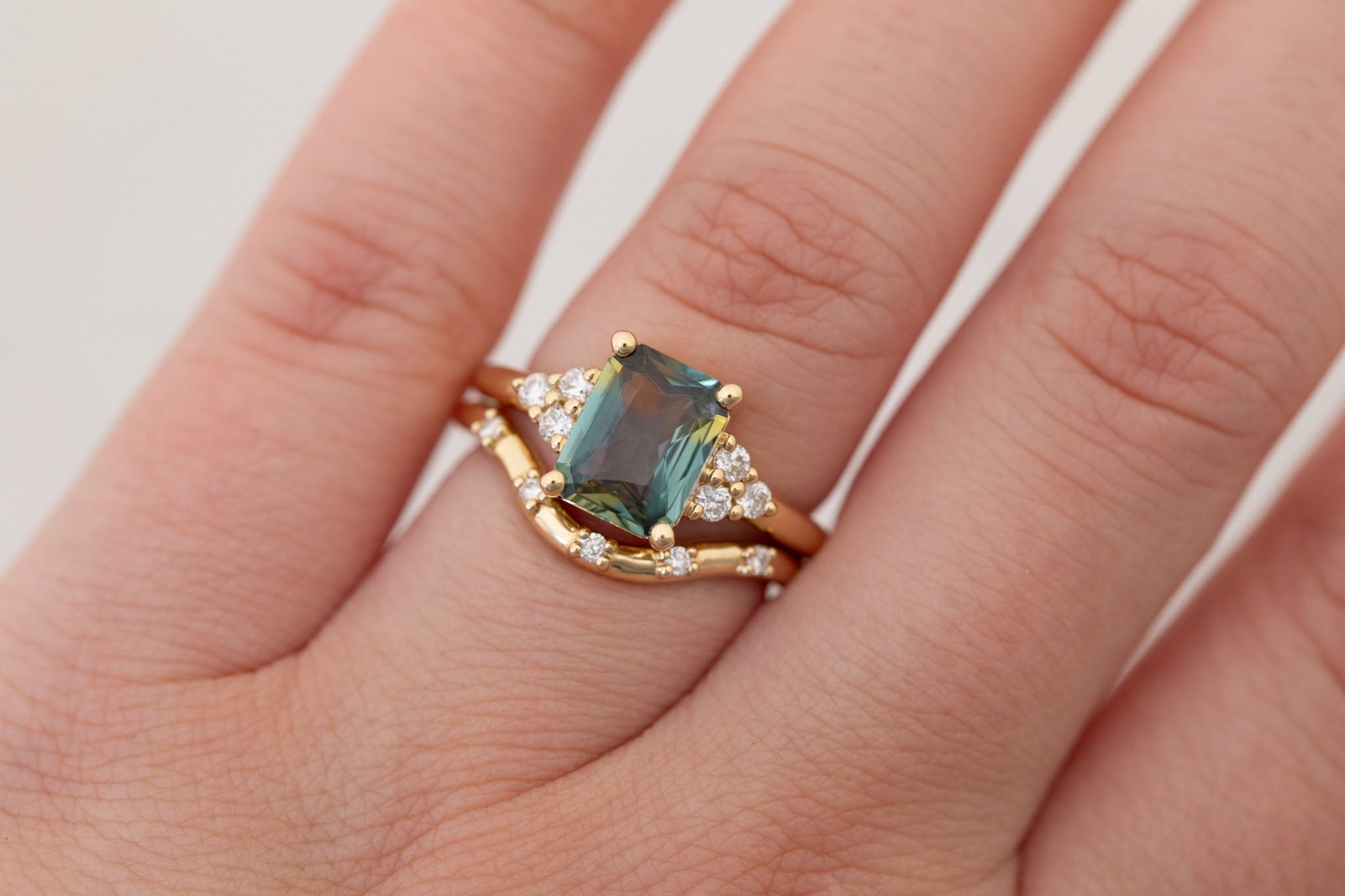 Verona Ring | Green Bicolor Radiant Cut Sapphire + Round Diamond Accents Engagement Ring 2.41 ct | 14k Recycled Gold | One of a Kind