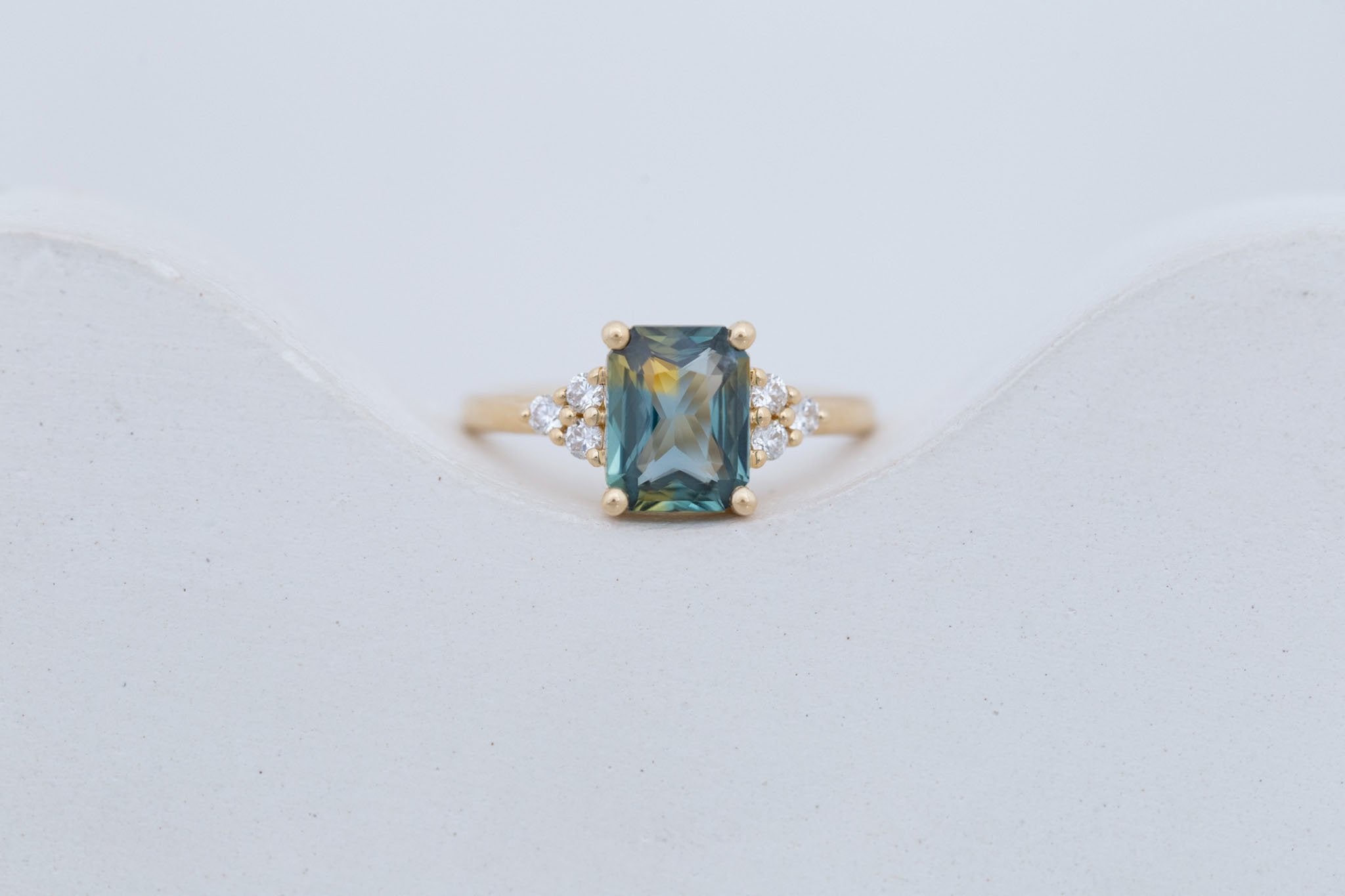 Verona Ring | Green Bicolor Radiant Cut Sapphire + Round Diamond Accents Engagement Ring 2.41 ct | 14k Recycled Gold | One of a Kind
