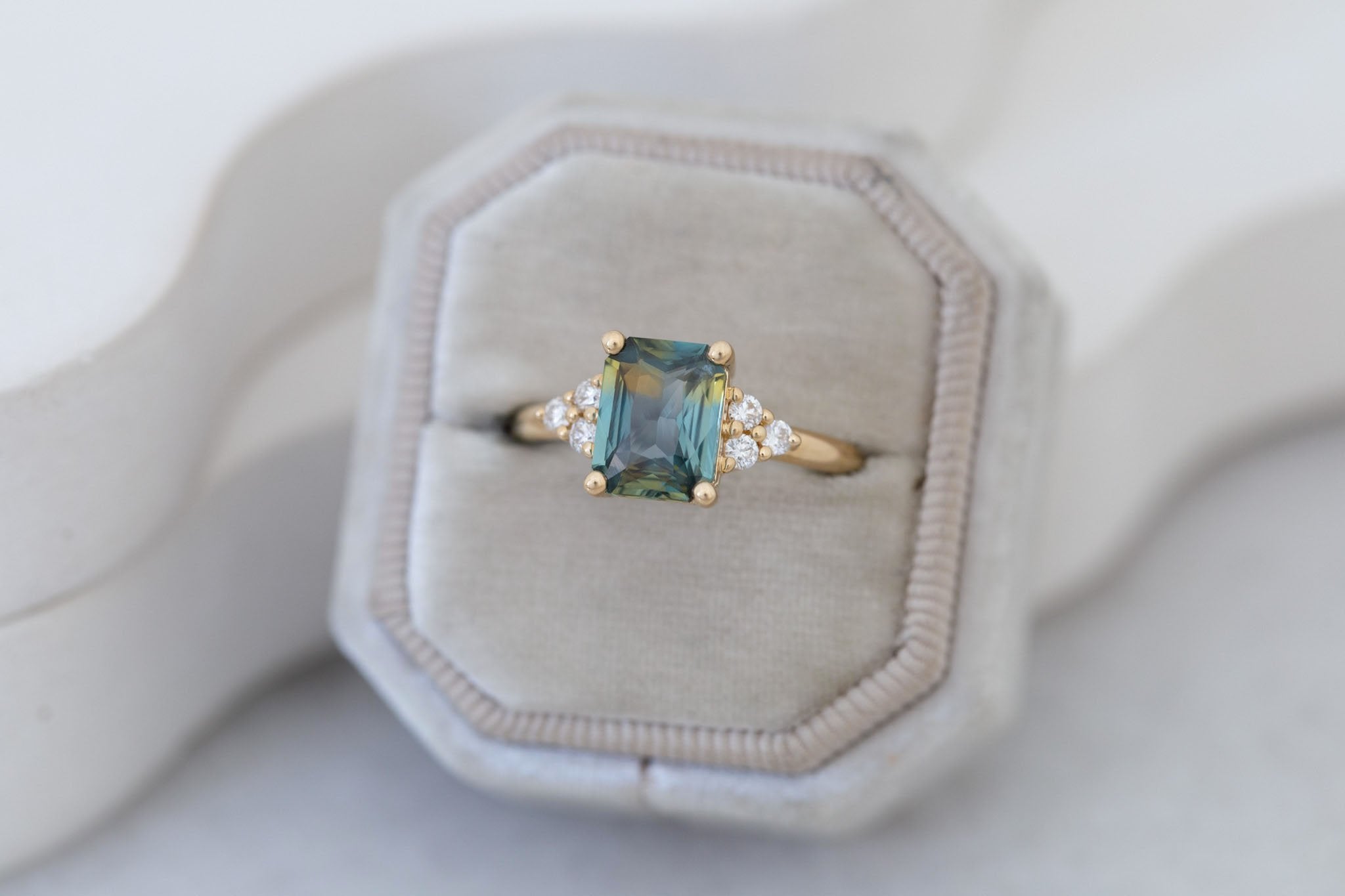 Verona Ring | Green Bicolor Radiant Cut Sapphire + Round Diamond Accents Engagement Ring 2.41 ct | 14k Recycled Gold | One of a Kind