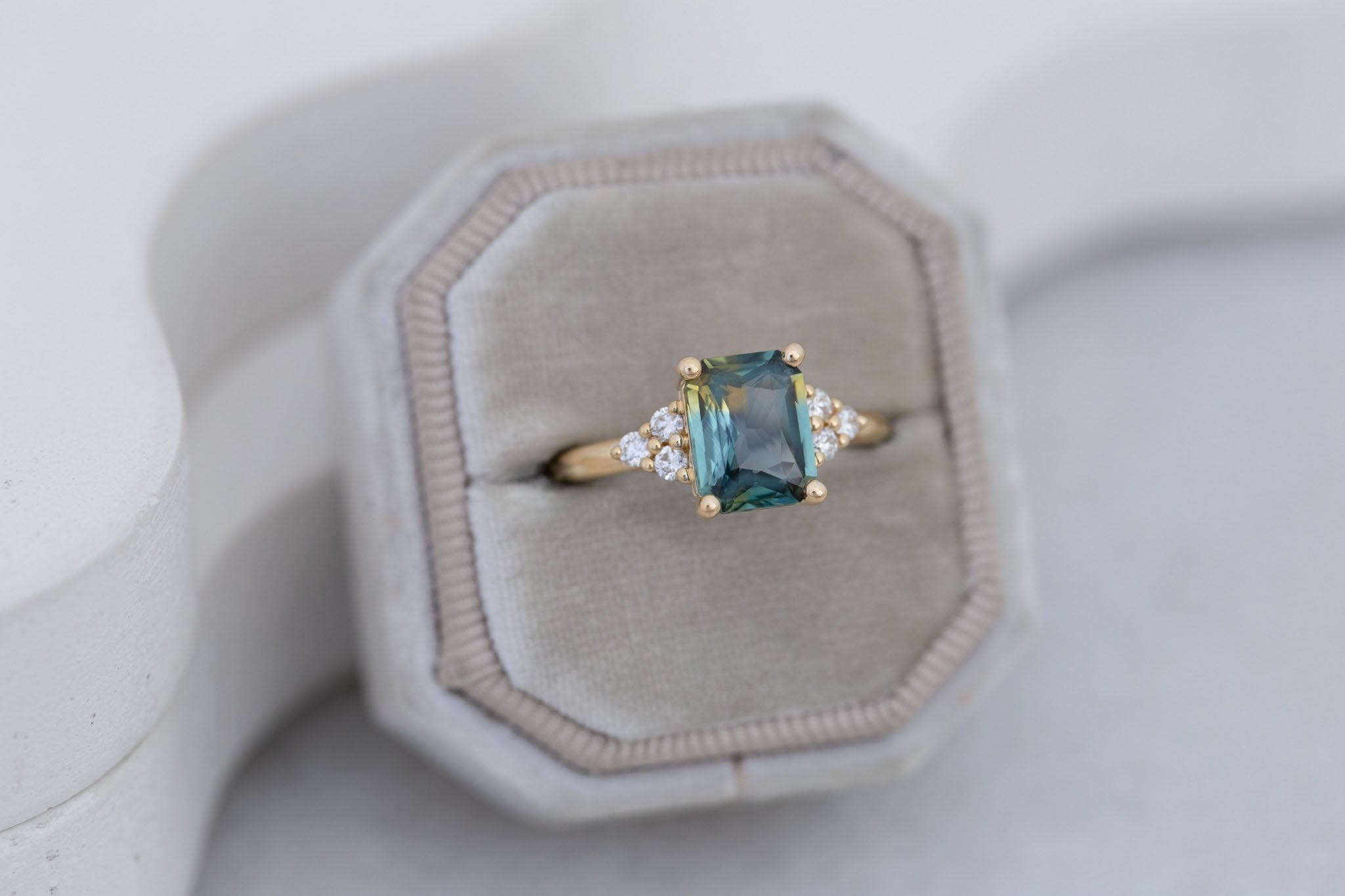 Verona Ring | Green Bicolor Radiant Cut Sapphire + Round Diamond Accents Engagement Ring 2.41 ct | 14k Recycled Gold | One of a Kind