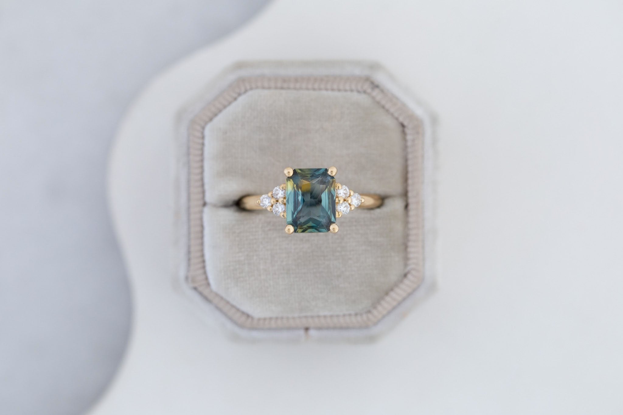 Verona Ring | Green Bicolor Radiant Cut Sapphire + Round Diamond Accents Engagement Ring 2.41 ct | 14k Recycled Gold | One of a Kind