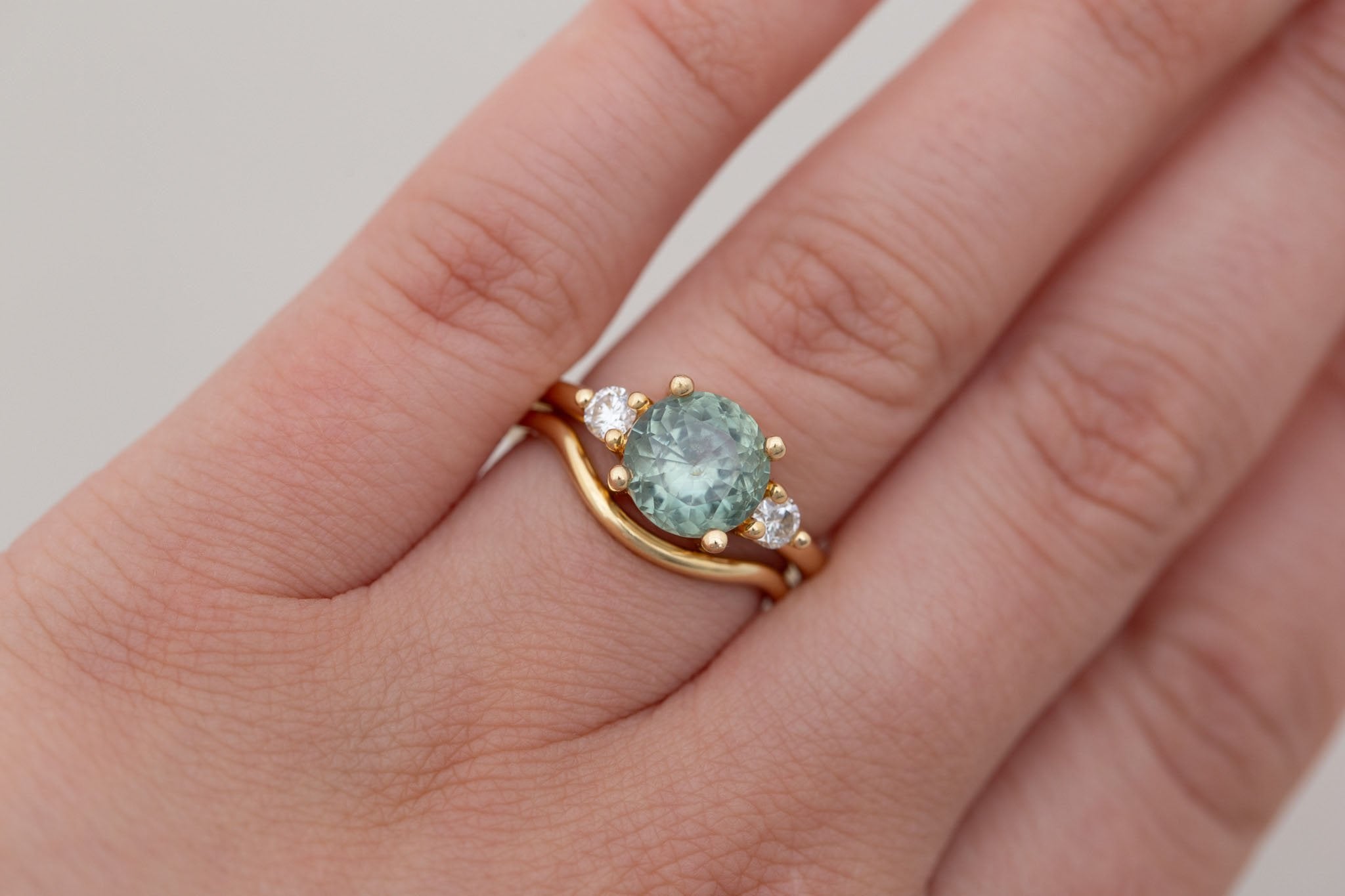 Maeve Ring | Green Sapphire + Round Diamond Accent Engagement Ring 2.65 ct | 14k Recycled Gold | One of a Kind