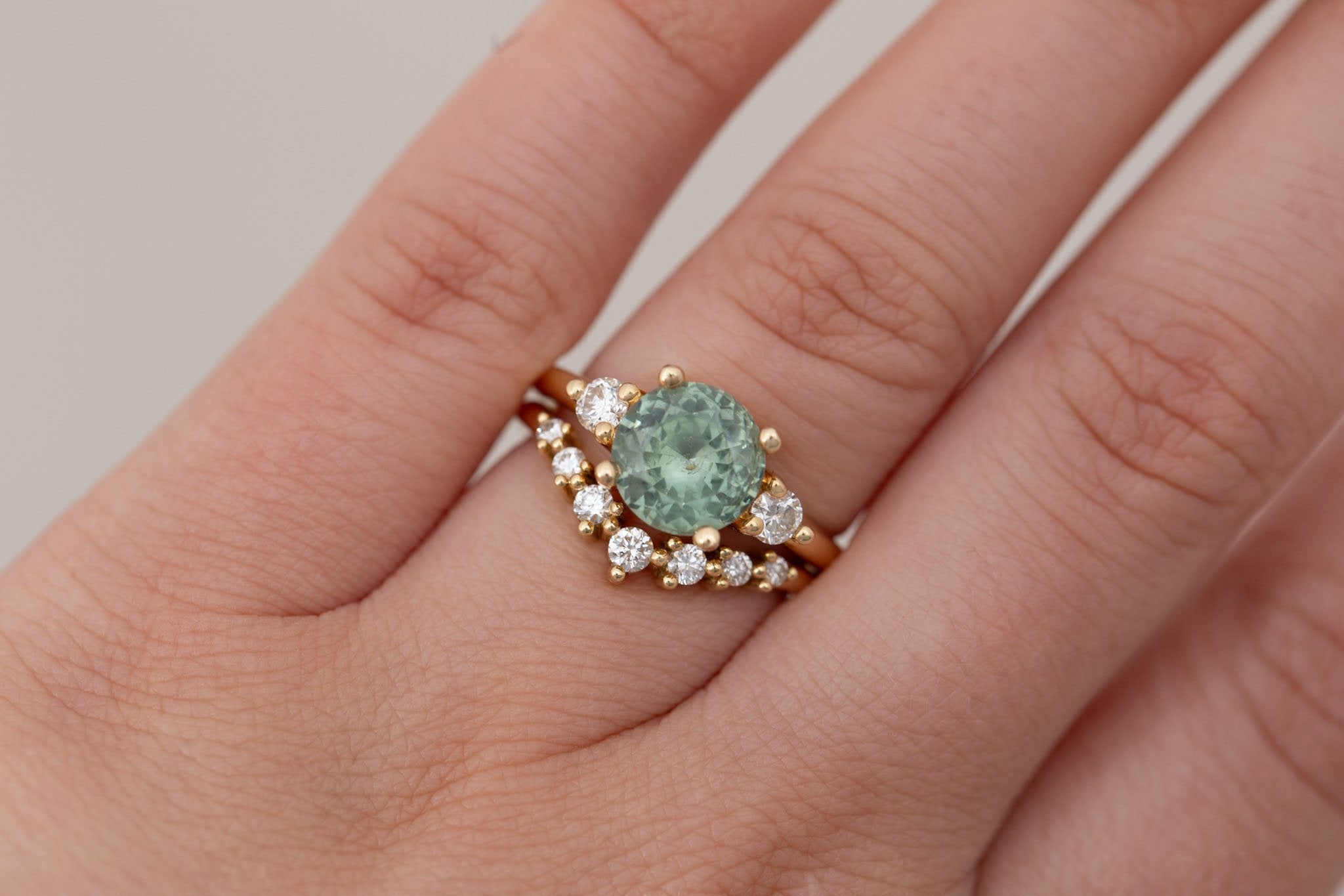 Maeve Ring | Green Sapphire + Round Diamond Accent Engagement Ring 2.65 ct | 14k Recycled Gold | One of a Kind