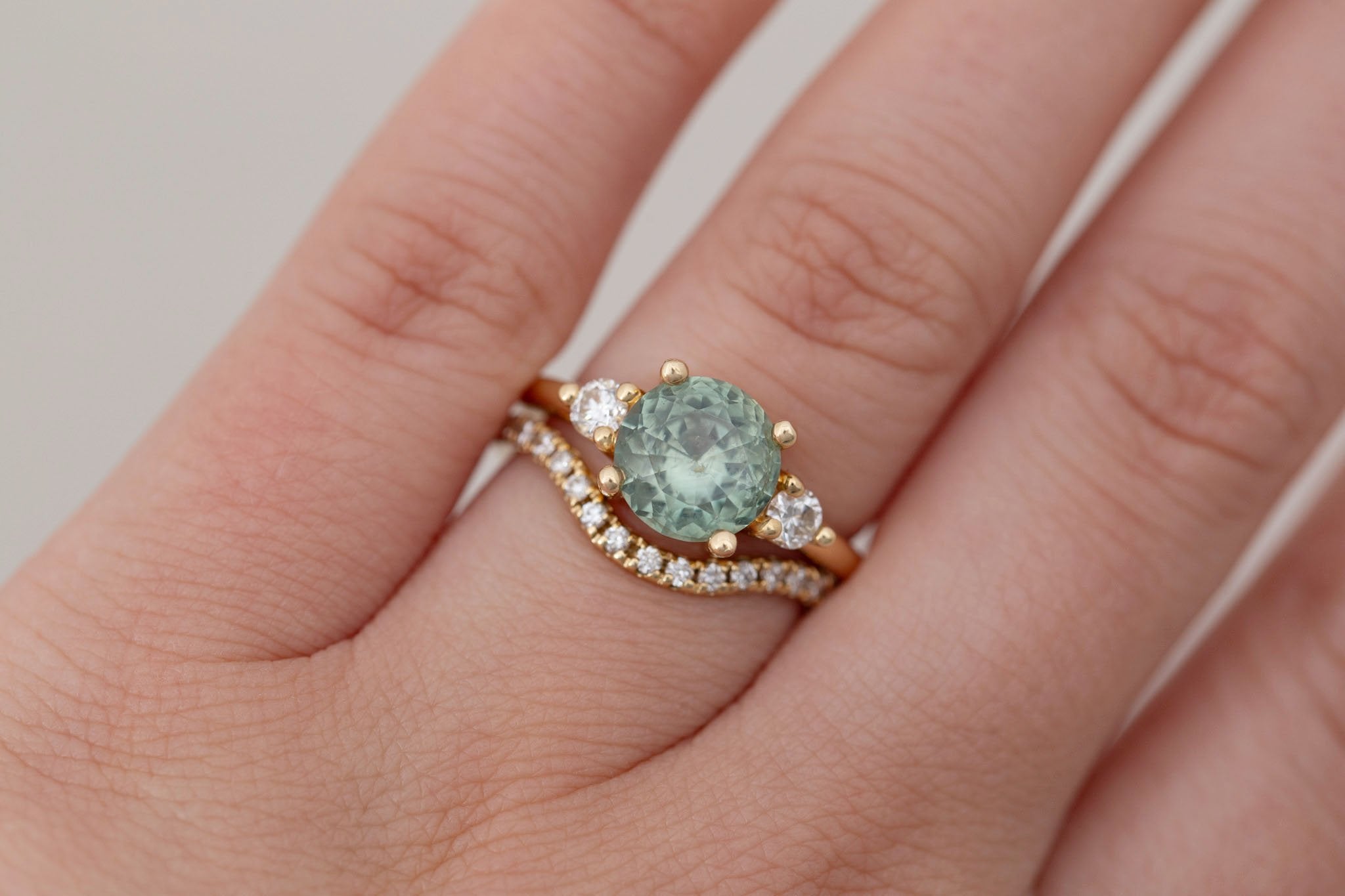 Maeve Ring | Green Sapphire + Round Diamond Accent Engagement Ring 2.65 ct | 14k Recycled Gold | One of a Kind