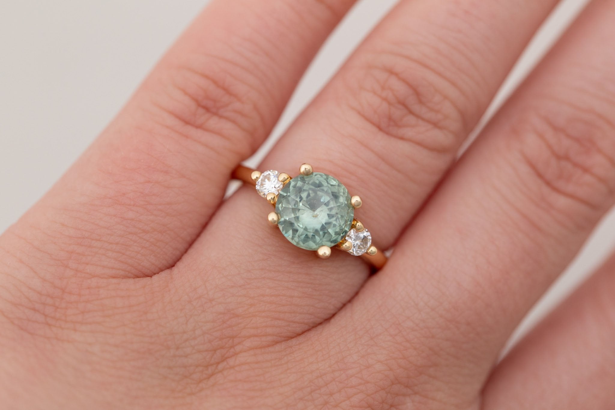 Maeve Ring | Green Sapphire + Round Diamond Accent Engagement Ring 2.65 ct | 14k Recycled Gold | One of a Kind
