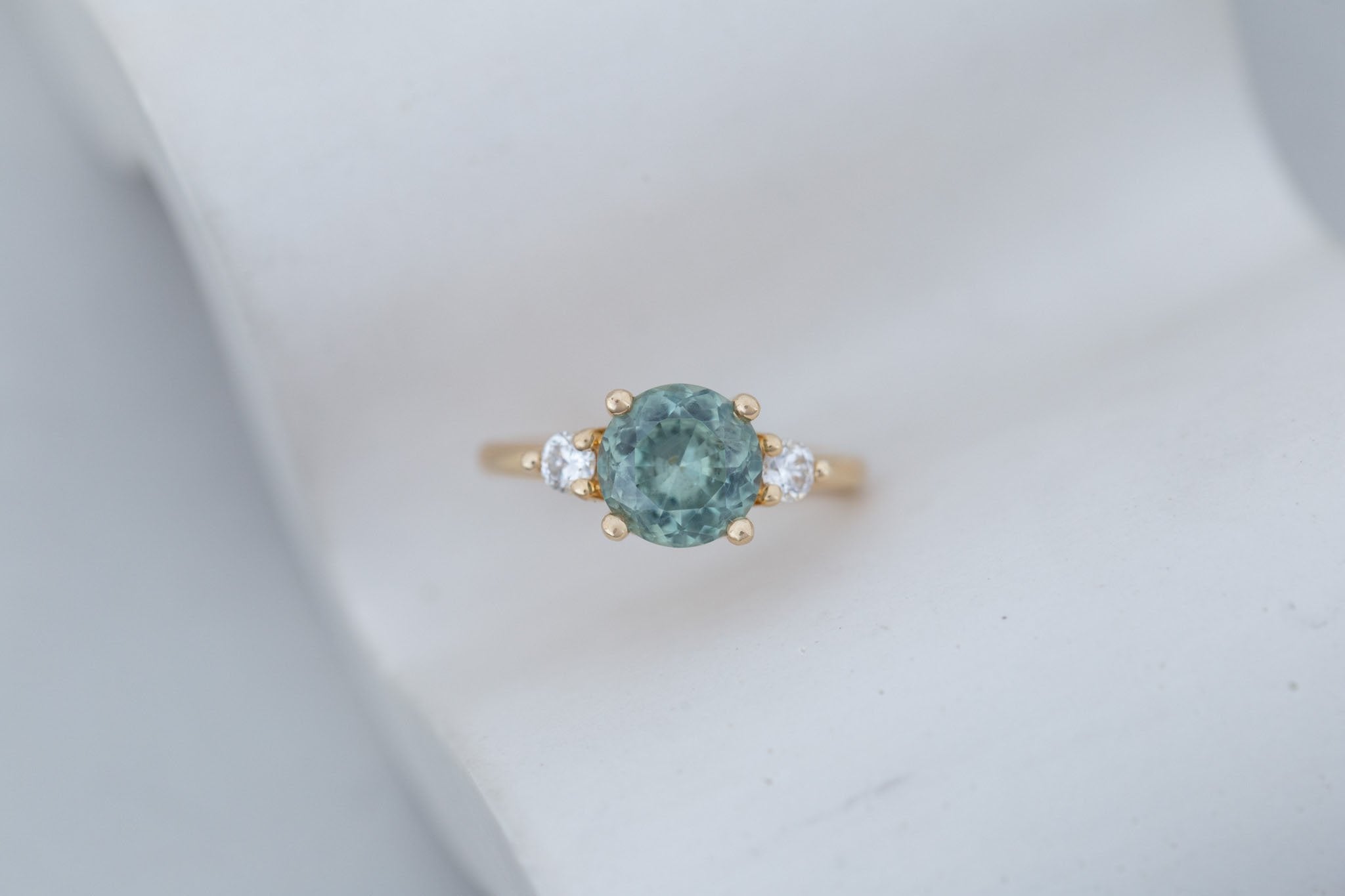 Maeve Ring | Green Sapphire + Round Diamond Accent Engagement Ring 2.65 ct | 14k Recycled Gold | One of a Kind