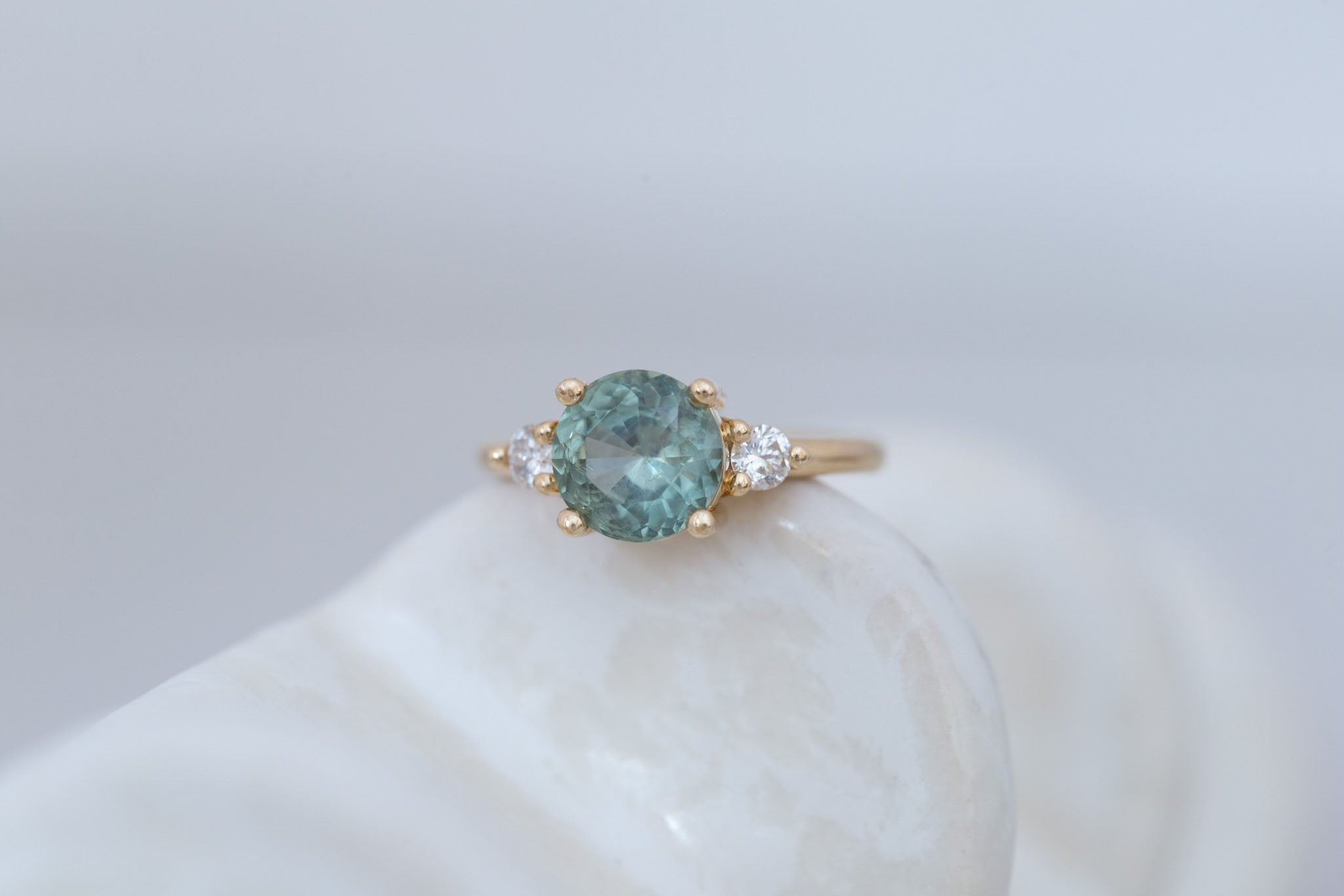 Maeve Ring | Green Sapphire + Round Diamond Accent Engagement Ring 2.65 ct | 14k Recycled Gold | One of a Kind