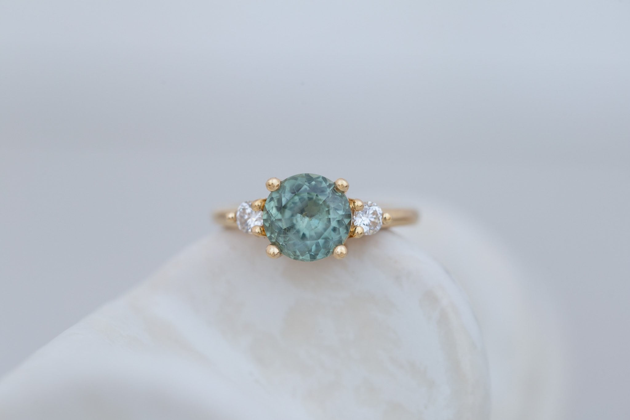 Maeve Ring | Green Sapphire + Round Diamond Accent Engagement Ring 2.65 ct | 14k Recycled Gold | One of a Kind