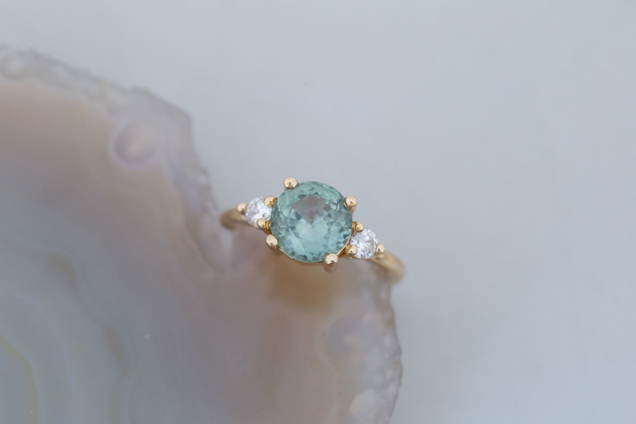 Maeve Ring | Green Sapphire + Round Diamond Accent Engagement Ring 2.65 ct | 14k Recycled Gold | One of a Kind