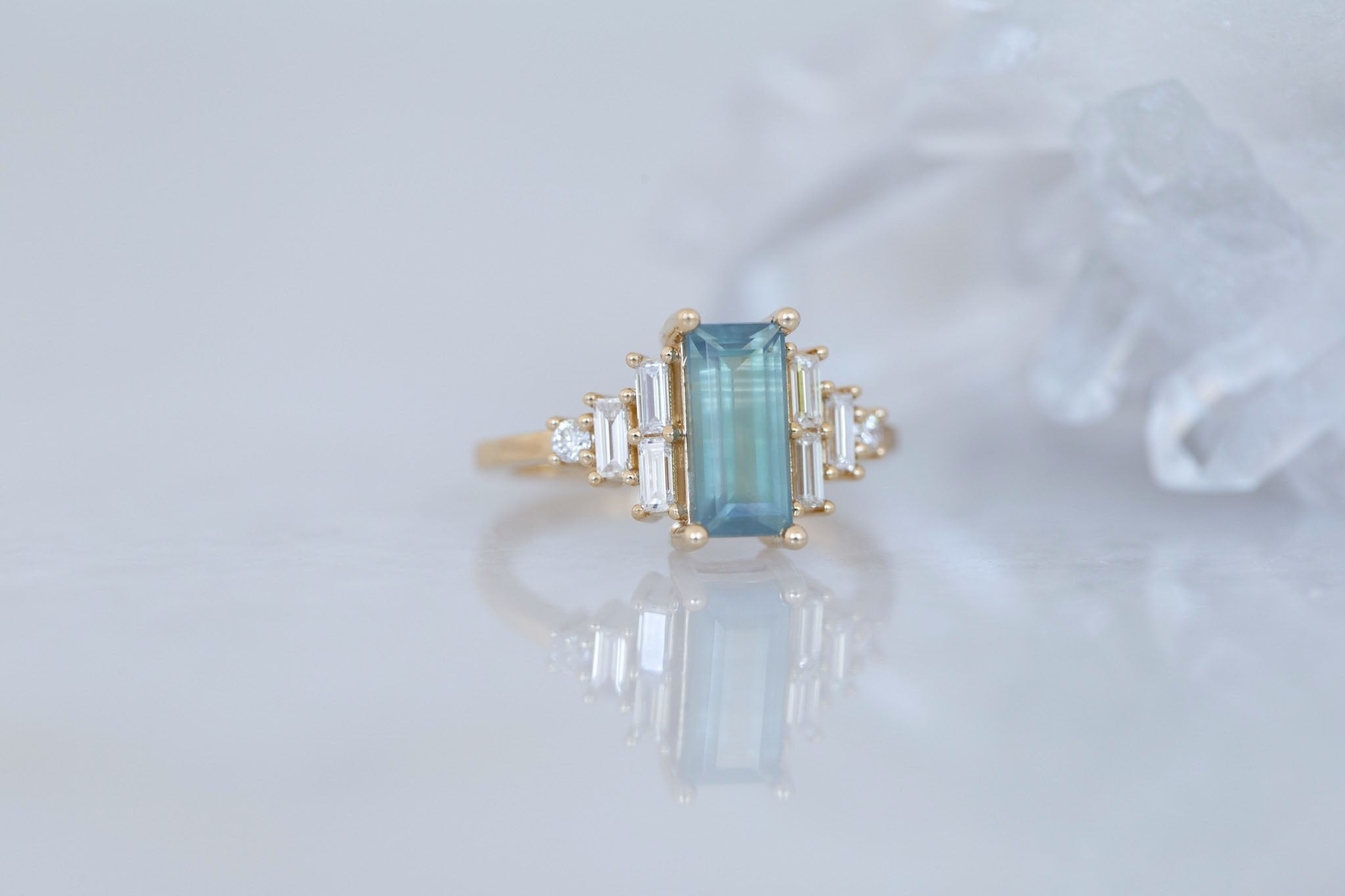 Delta Ring | Mint Montana Sapphire + Diamond Cluster Engagement Ring 2.00 ct | 14k Recycled Gold | One of a Kind