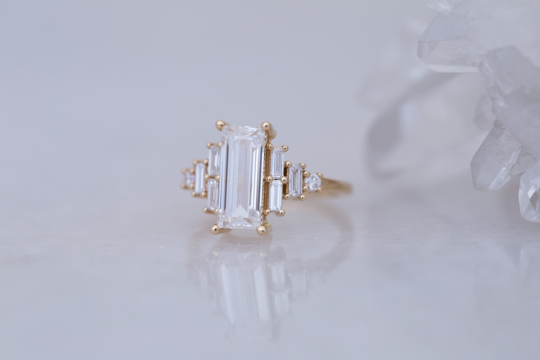 Delta Ring | Lab Baguette Cut Diamond + Diamond Cluster Engagement Ring 2.01 ct | 14k Recycled Gold | One of a Kind
