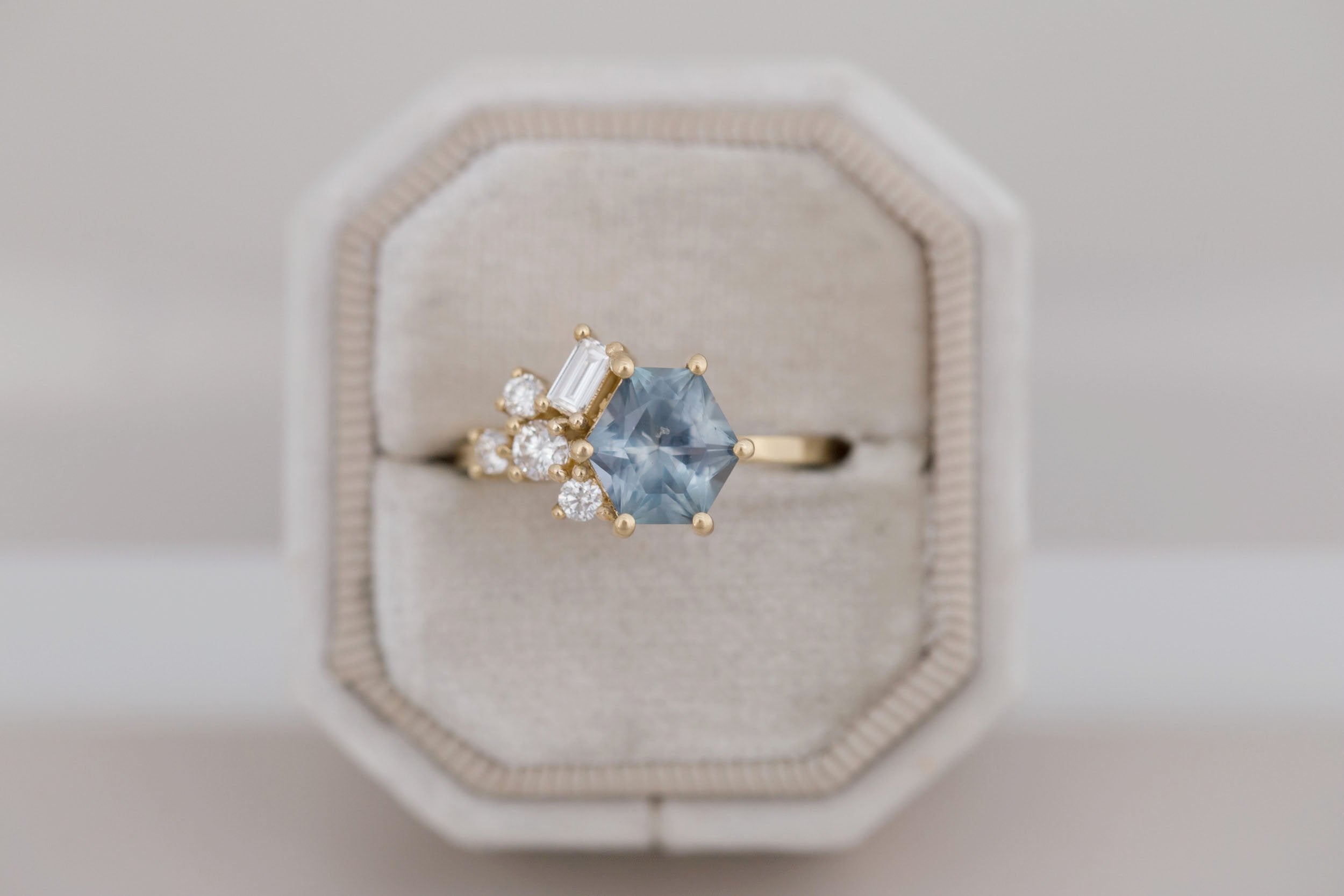 Indra Ring | Montana Grey Blue Hexagonal Sapphire + Diamond Cluster Engagement Ring 2.01 ct | 14k Recycled Gold | One of a Kind