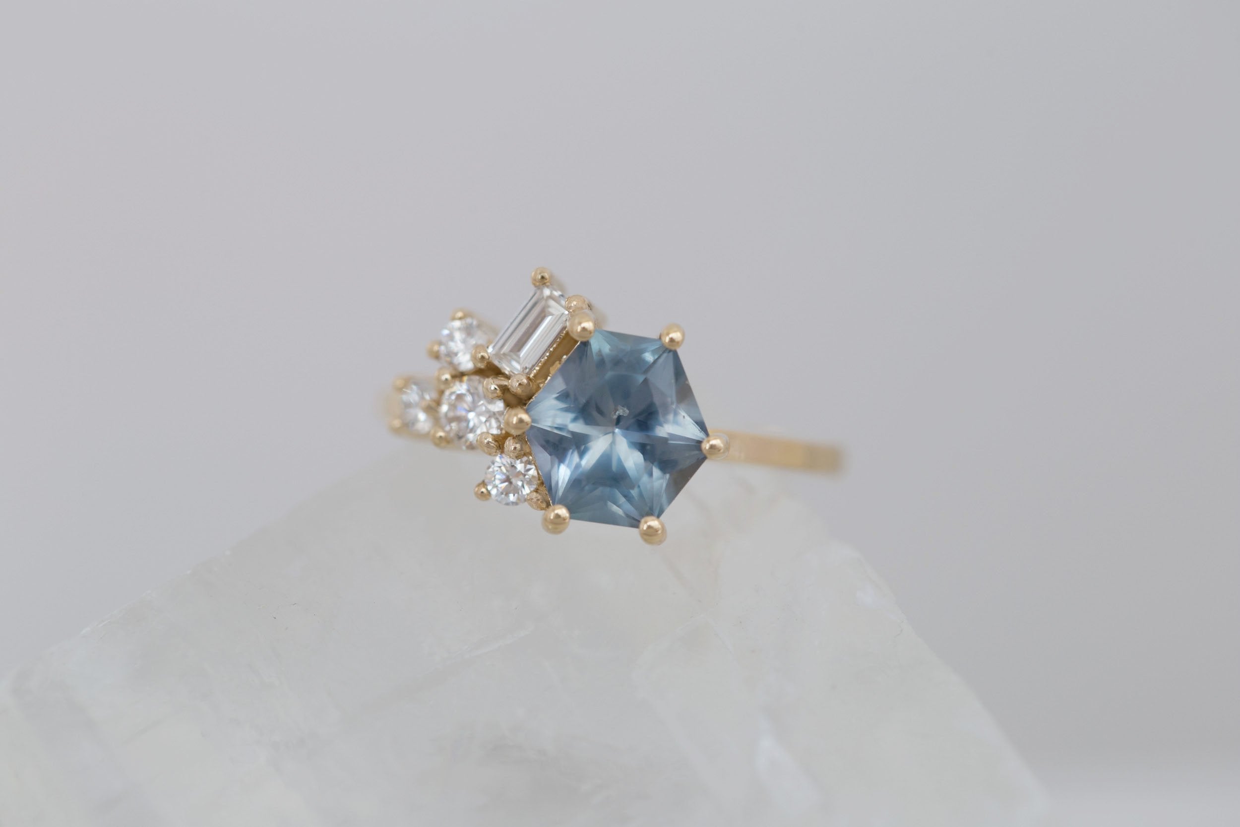 Indra Ring | Montana Grey Blue Hexagonal Sapphire + Diamond Cluster Engagement Ring 2.01 ct | 14k Recycled Gold | One of a Kind