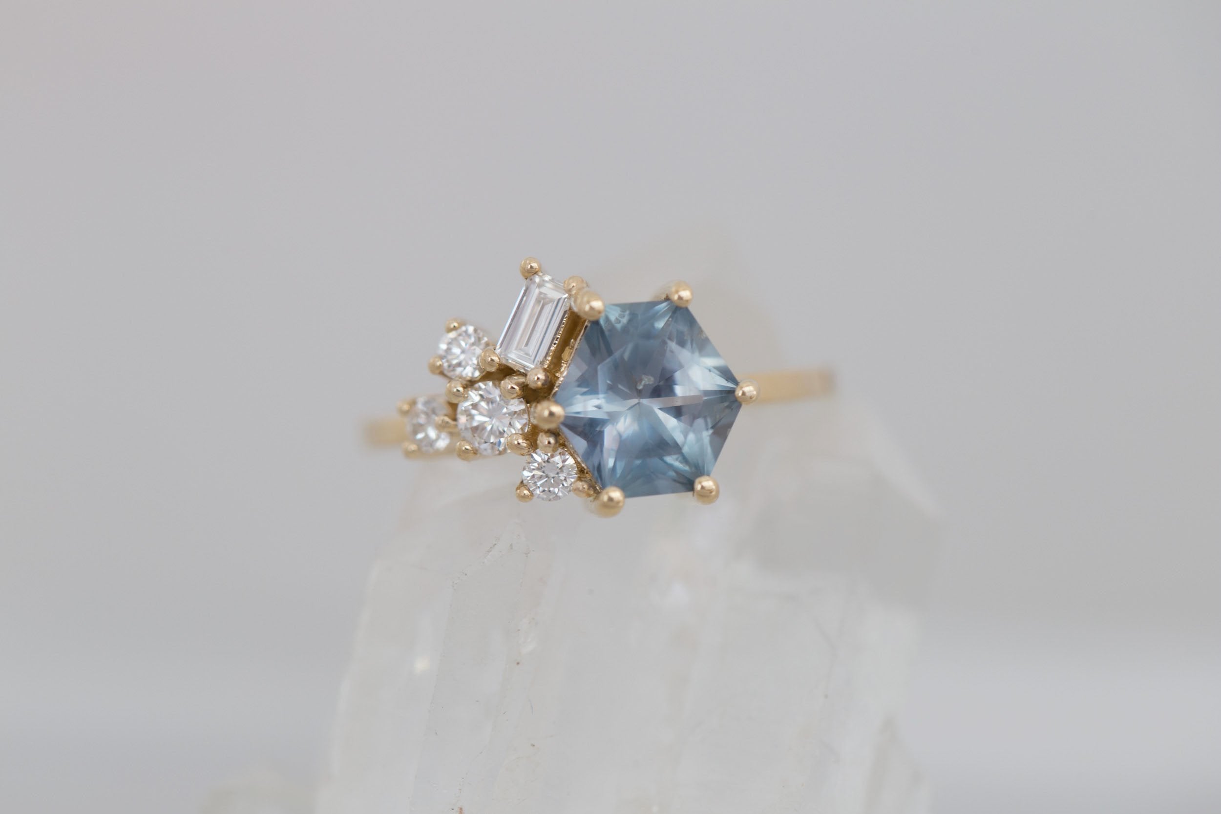 Indra Ring | Montana Grey Blue Hexagonal Sapphire + Diamond Cluster Engagement Ring 2.01 ct | 14k Recycled Gold | One of a Kind