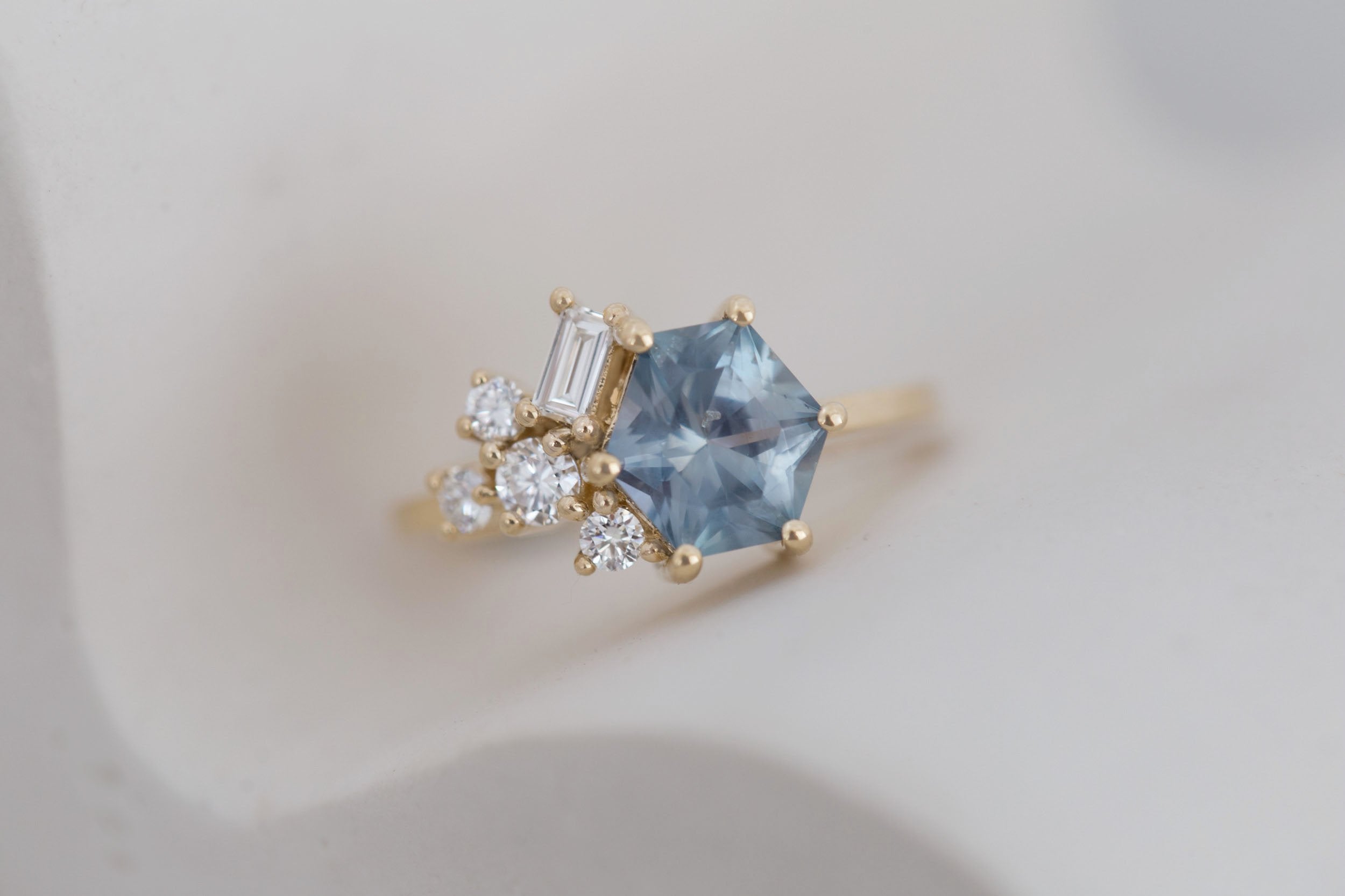 Indra Ring | Montana Grey Blue Hexagonal Sapphire + Diamond Cluster Engagement Ring 2.01 ct | 14k Recycled Gold | One of a Kind