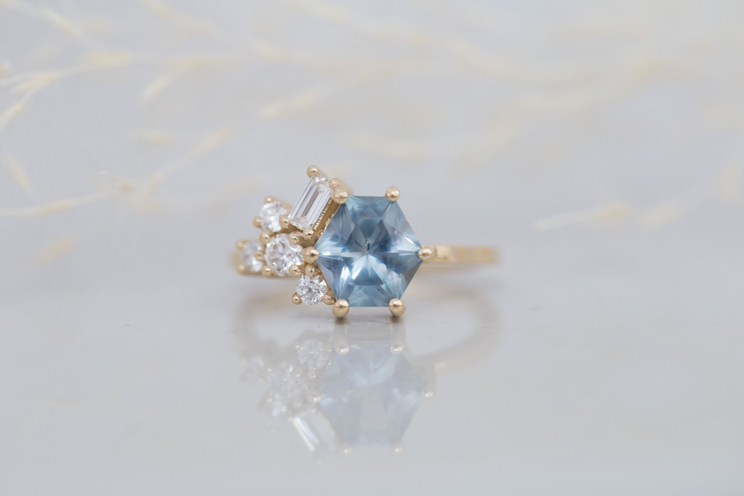 Indra Ring | Montana Grey Blue Hexagonal Sapphire + Diamond Cluster Engagement Ring 2.01 ct | 14k Recycled Gold | One of a Kind