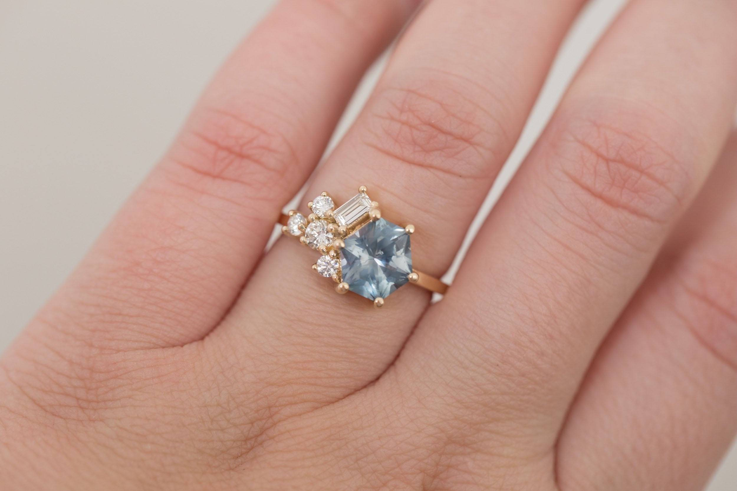 Indra Ring | Montana Grey Blue Hexagonal Sapphire + Diamond Cluster Engagement Ring 2.01 ct | 14k Recycled Gold | One of a Kind