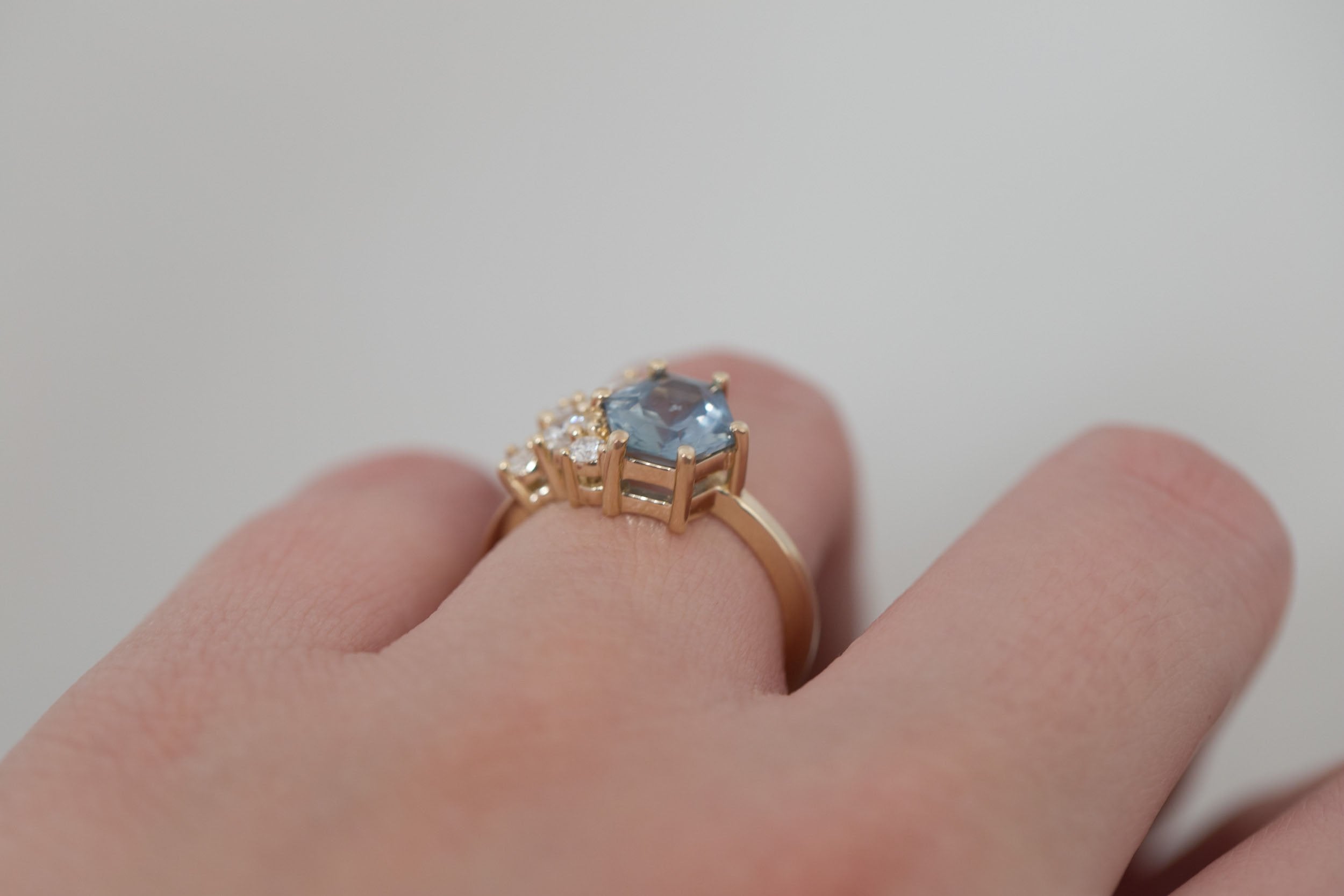 Indra Ring | Montana Grey Blue Hexagonal Sapphire + Diamond Cluster Engagement Ring 2.01 ct | 14k Recycled Gold | One of a Kind