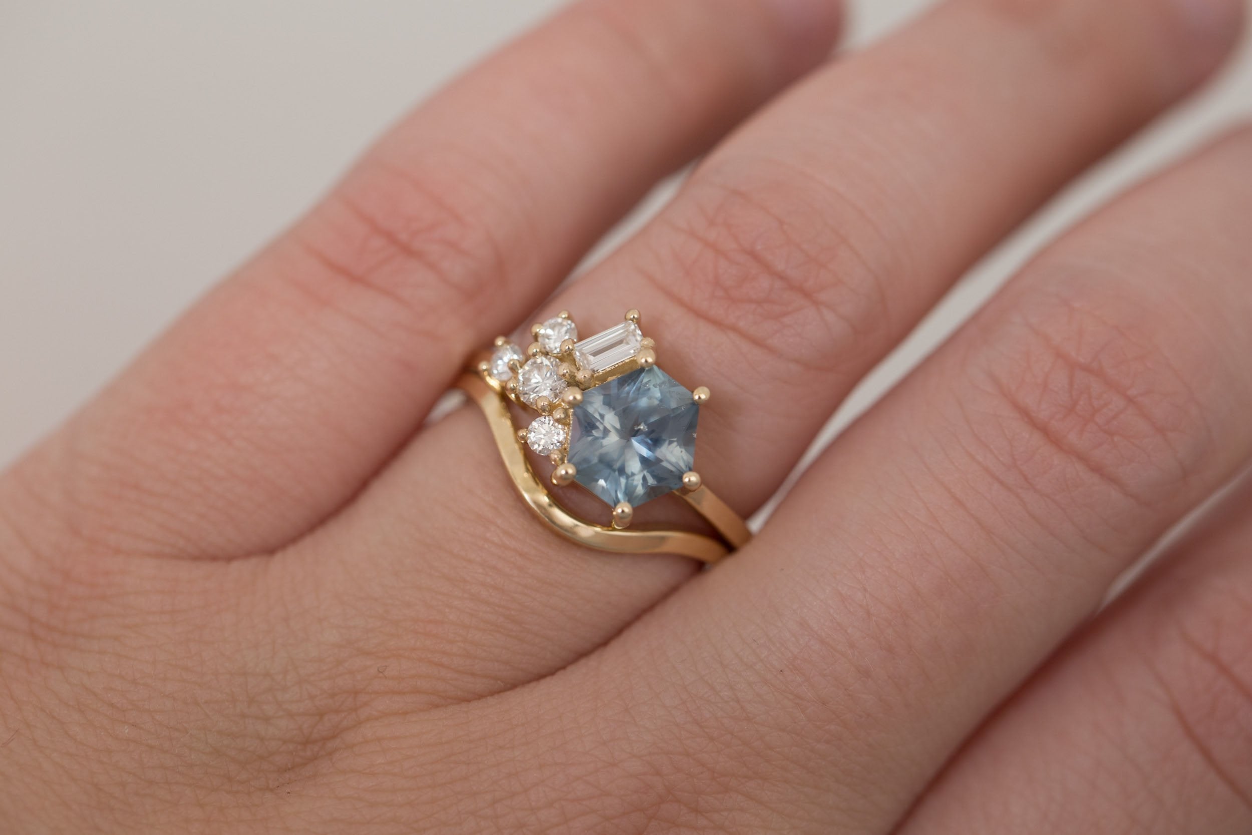 Indra Ring | Montana Grey Blue Hexagonal Sapphire + Diamond Cluster Engagement Ring 2.01 ct | 14k Recycled Gold | One of a Kind