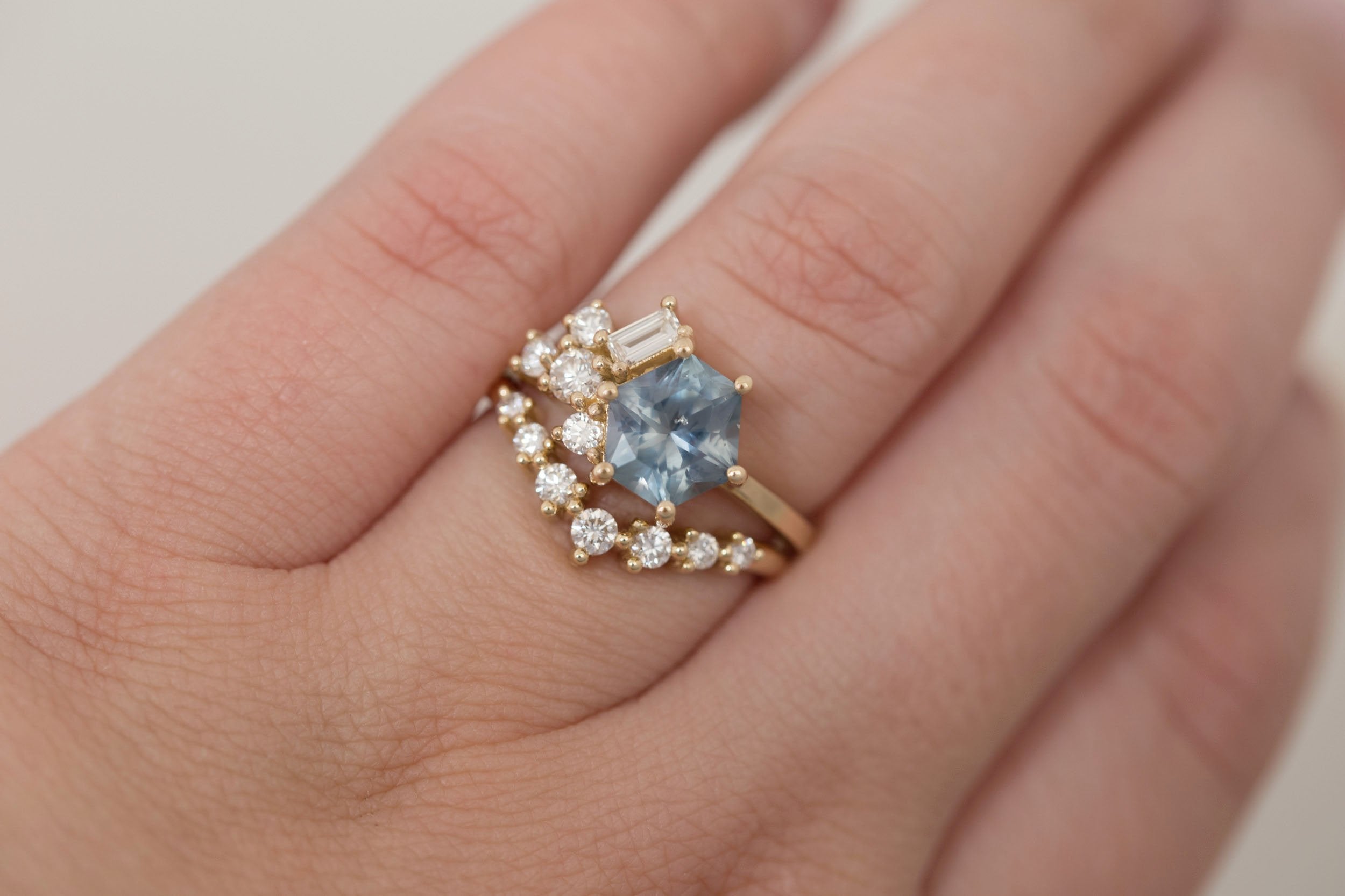 Indra Ring | Montana Grey Blue Hexagonal Sapphire + Diamond Cluster Engagement Ring 2.01 ct | 14k Recycled Gold | One of a Kind