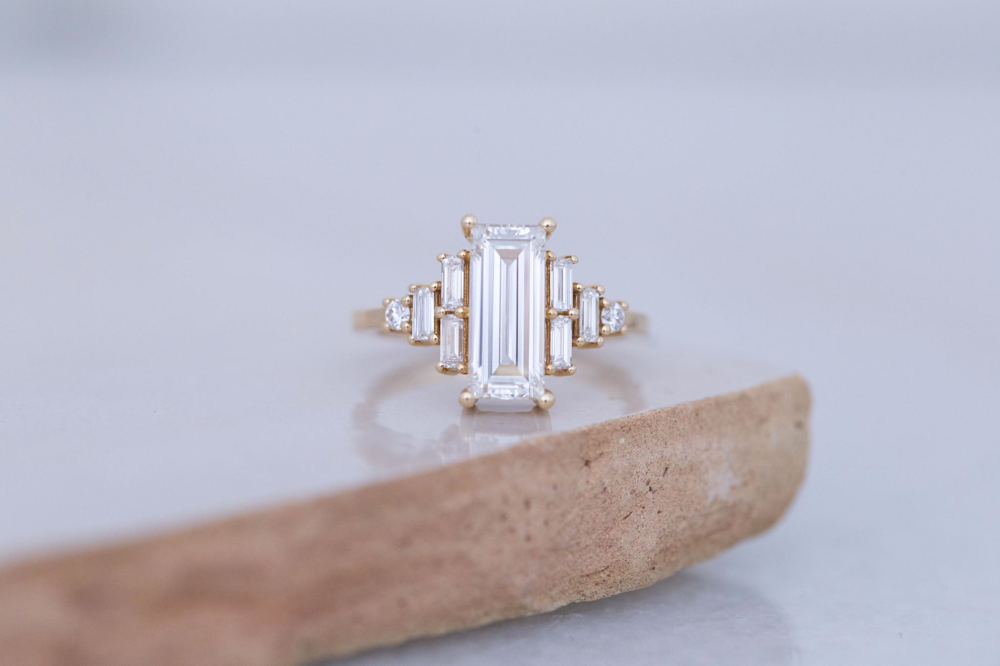 Delta Ring | Lab Baguette Cut Diamond + Diamond Cluster Engagement Ring 2.01 ct | 14k Recycled Gold | One of a Kind Sale price