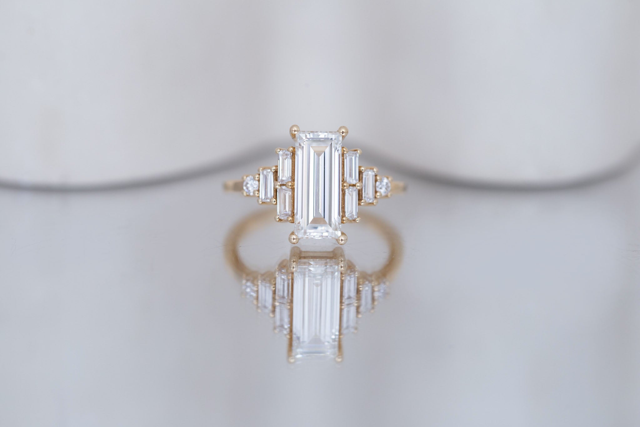 Delta Ring | Lab Baguette Cut Diamond + Diamond Cluster Engagement Ring 2.01 ct | 14k Recycled Gold | One of a Kind Sale price