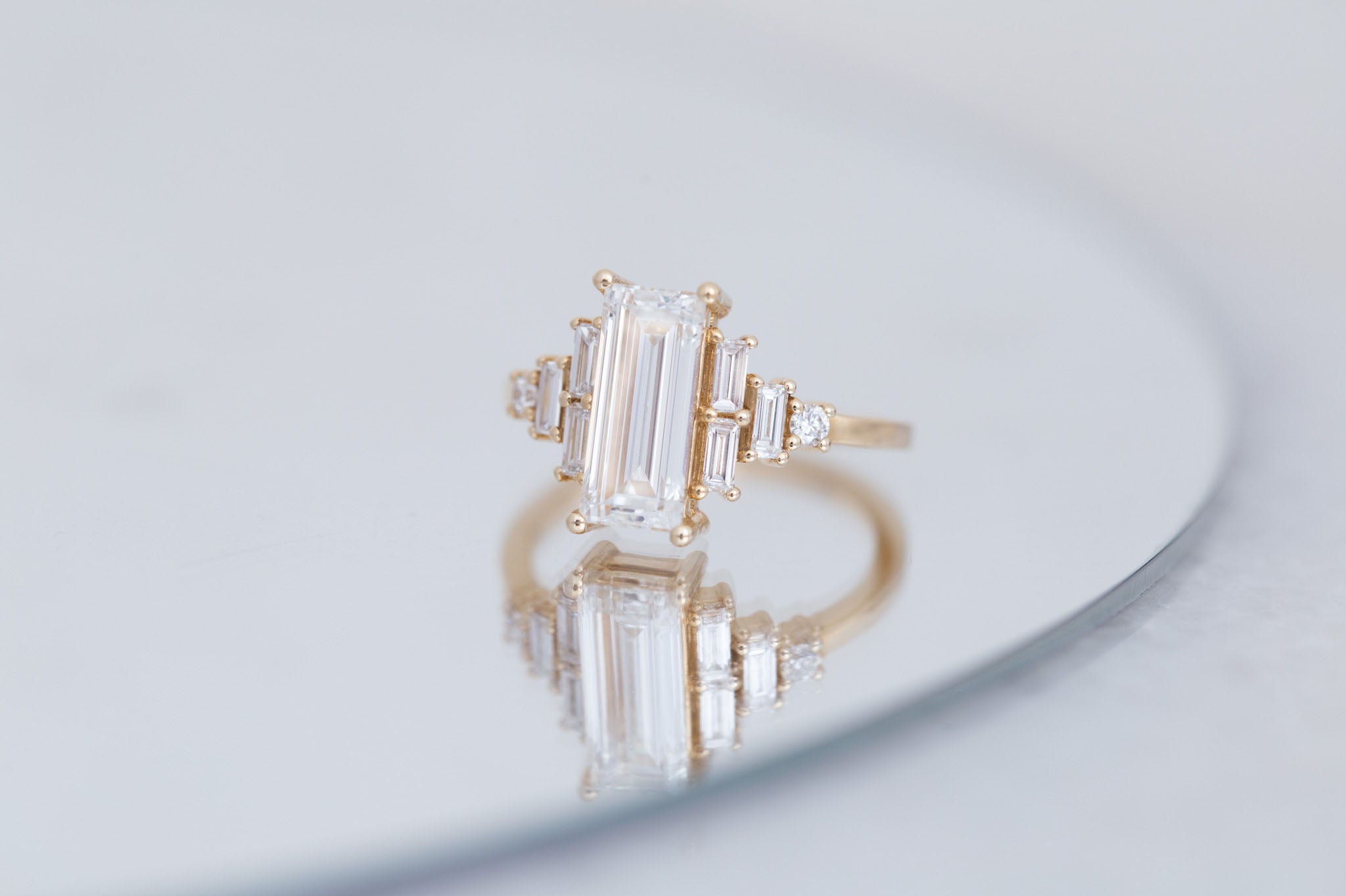 Delta Ring | Lab Baguette Cut Diamond + Diamond Cluster Engagement Ring 2.01 ct | 14k Recycled Gold | One of a Kind Sale price