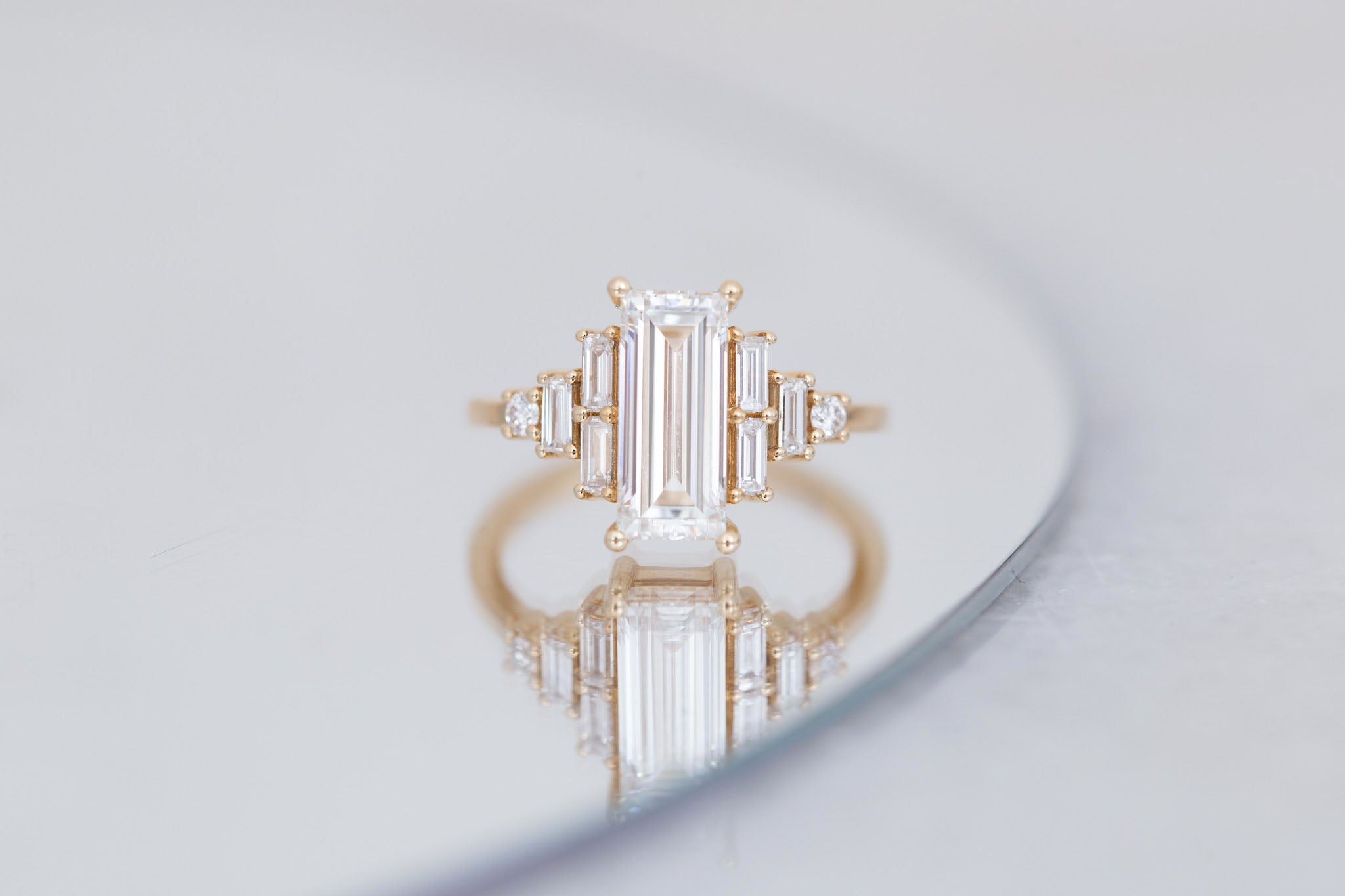 Delta Ring | Lab Baguette Cut Diamond + Diamond Cluster Engagement Ring 2.01 ct | 14k Recycled Gold | One of a Kind Sale price
