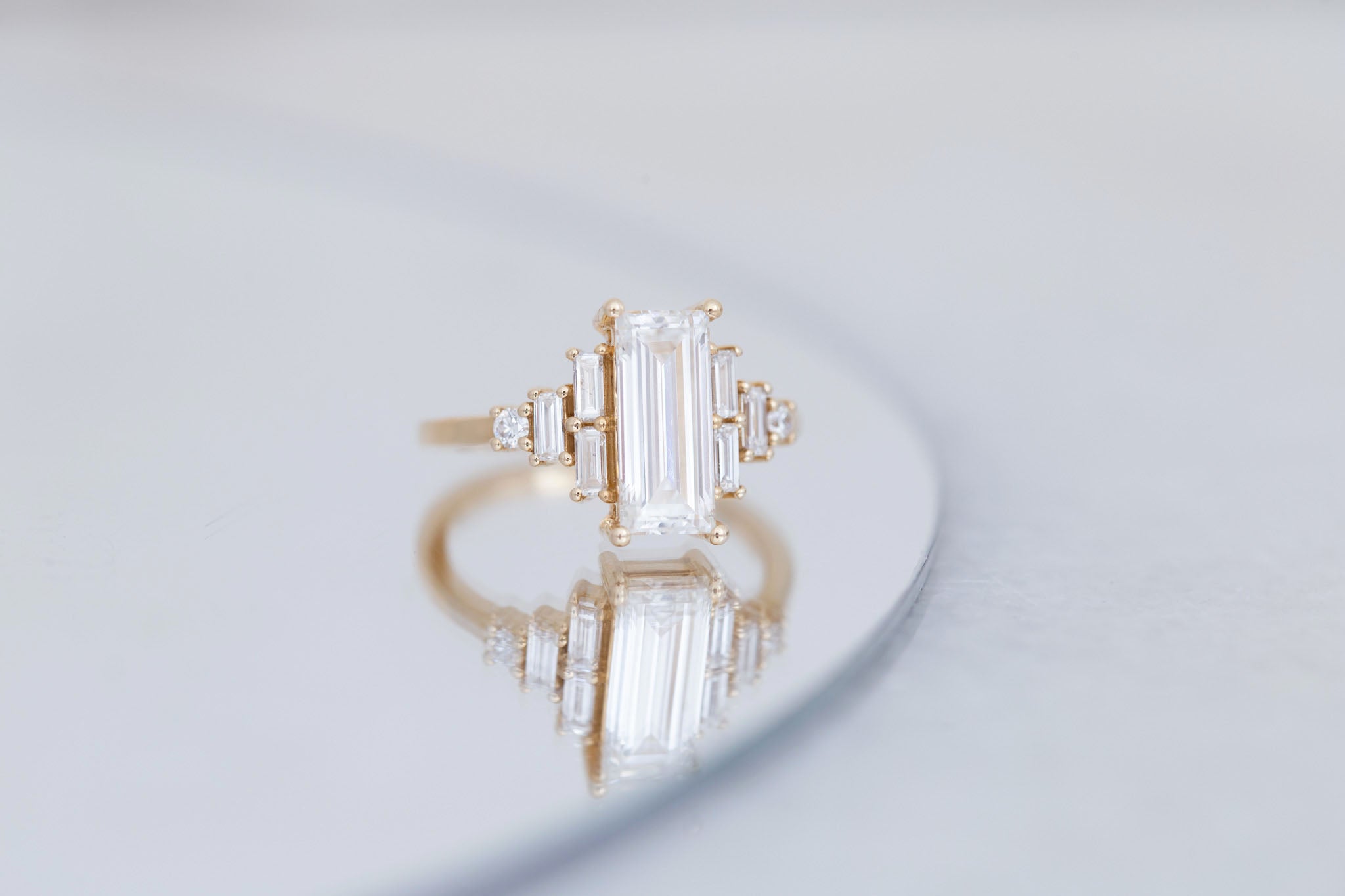 Delta Ring | Lab Baguette Cut Diamond + Diamond Cluster Engagement Ring 2.01 ct | 14k Recycled Gold | One of a Kind Sale price