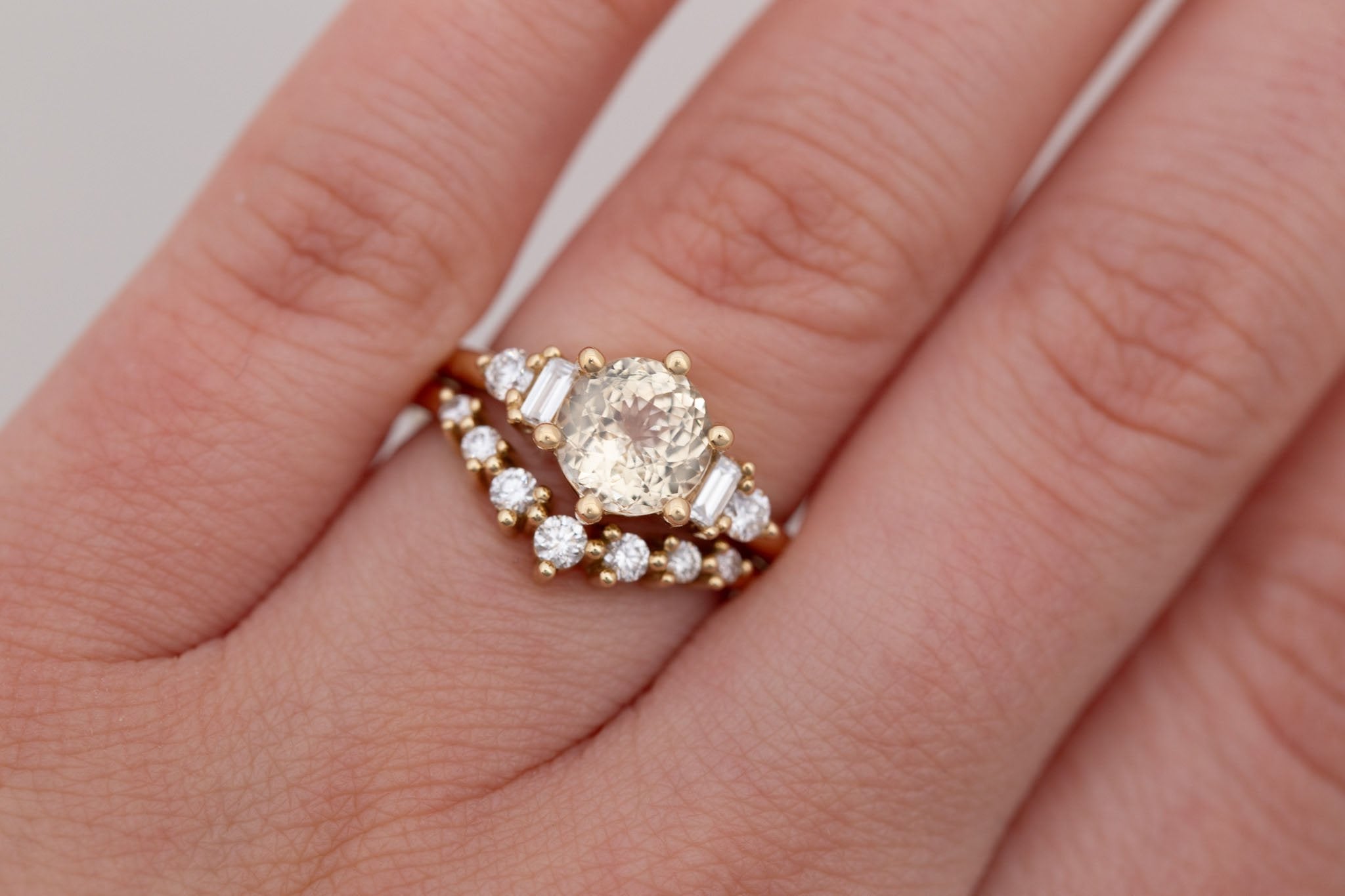 Alsea Ring | Apricot Sapphire + Baguette and Round Diamond Accent Engagement Ring 2.02 ct | 14k Recycled Gold | One of a Kind