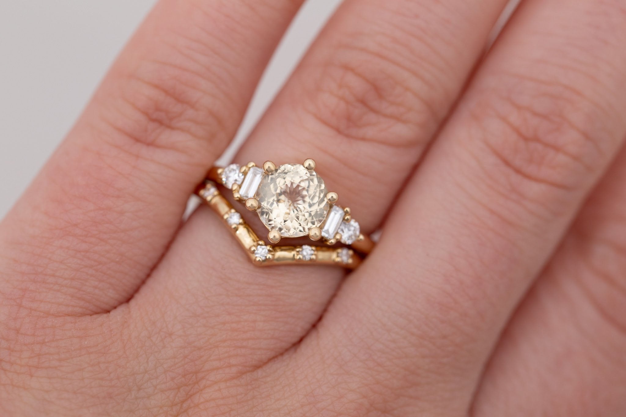 Alsea Ring | Apricot Sapphire + Baguette and Round Diamond Accent Engagement Ring 2.02 ct | 14k Recycled Gold | One of a Kind