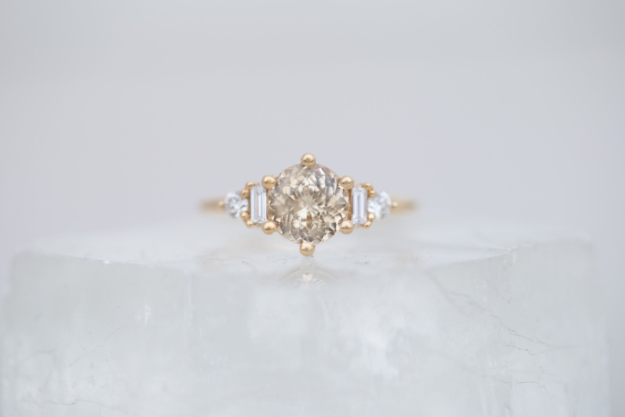 Alsea Ring | Apricot Sapphire + Baguette and Round Diamond Accent Engagement Ring 2.02 ct | 14k Recycled Gold | One of a Kind