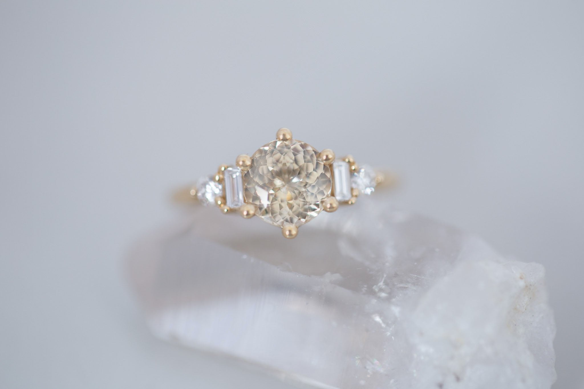 Alsea Ring | Apricot Sapphire + Baguette and Round Diamond Accent Engagement Ring 2.02 ct | 14k Recycled Gold | One of a Kind