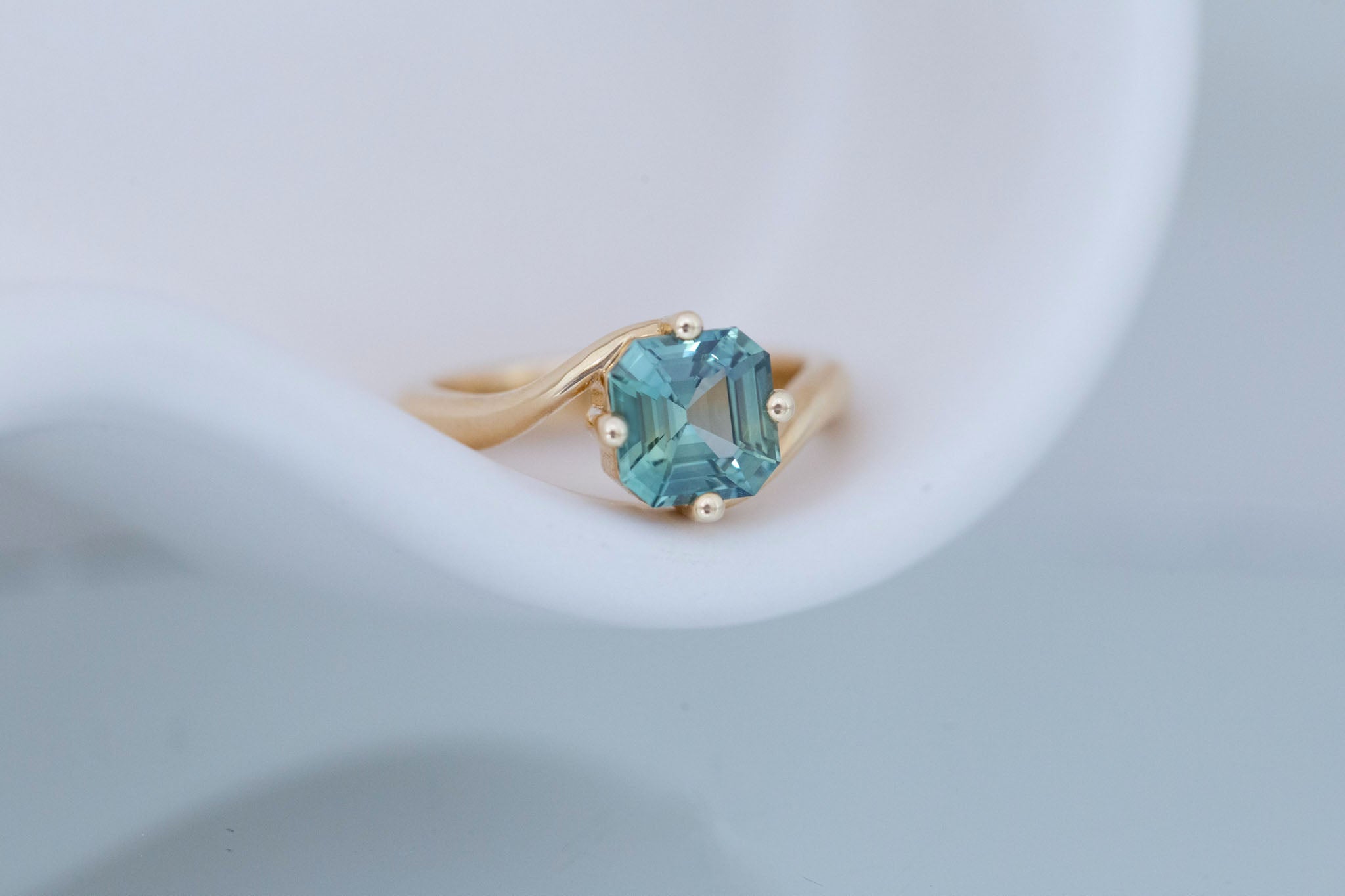 Marin Ring | Green Asscher Sapphire Bypass Engagement Ring 2.02 ct | 14k Recycled Gold | One of a Kind