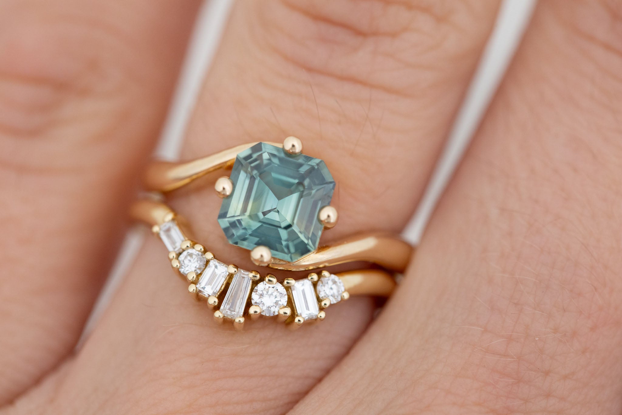 Marin Ring | Green Asscher Sapphire Bypass Engagement Ring 2.02 ct | 14k Recycled Gold | One of a Kind