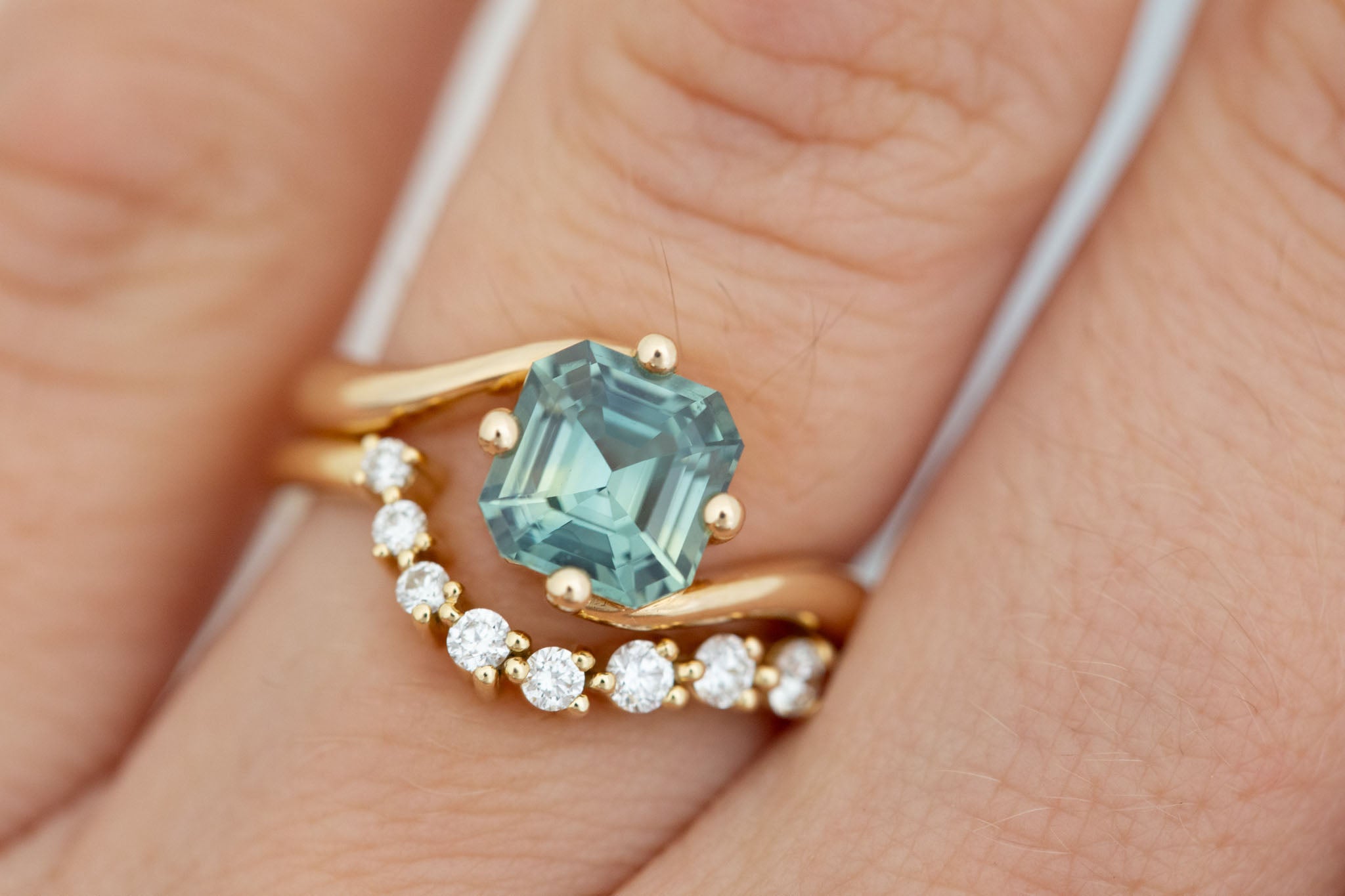Marin Ring | Green Asscher Sapphire Bypass Engagement Ring 2.02 ct | 14k Recycled Gold | One of a Kind